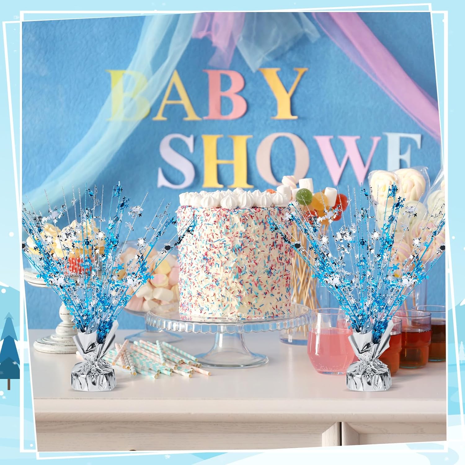 Metallic Christmas Foil Spray Centerpiece Glitter Christmas Decoration Snowflake Foil Spray Christmas Centerpiece for Table Xmas Winter Party Supplies, Blue, Silver(6 Pieces)