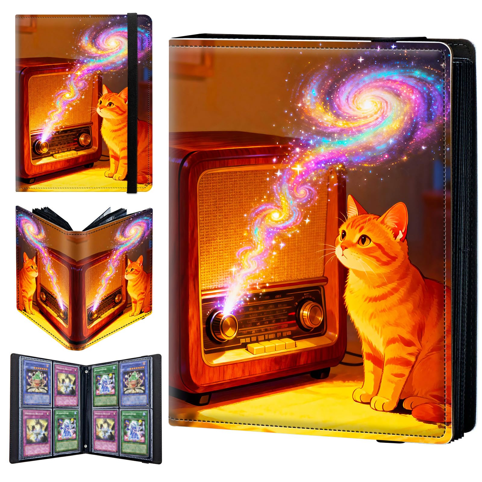 4 Pocket Trading Card Binder 160 Side Loading Pocket Album with Music Galaxy and Cat Pattern Design Card Binder for Sports Cards & Game Cards