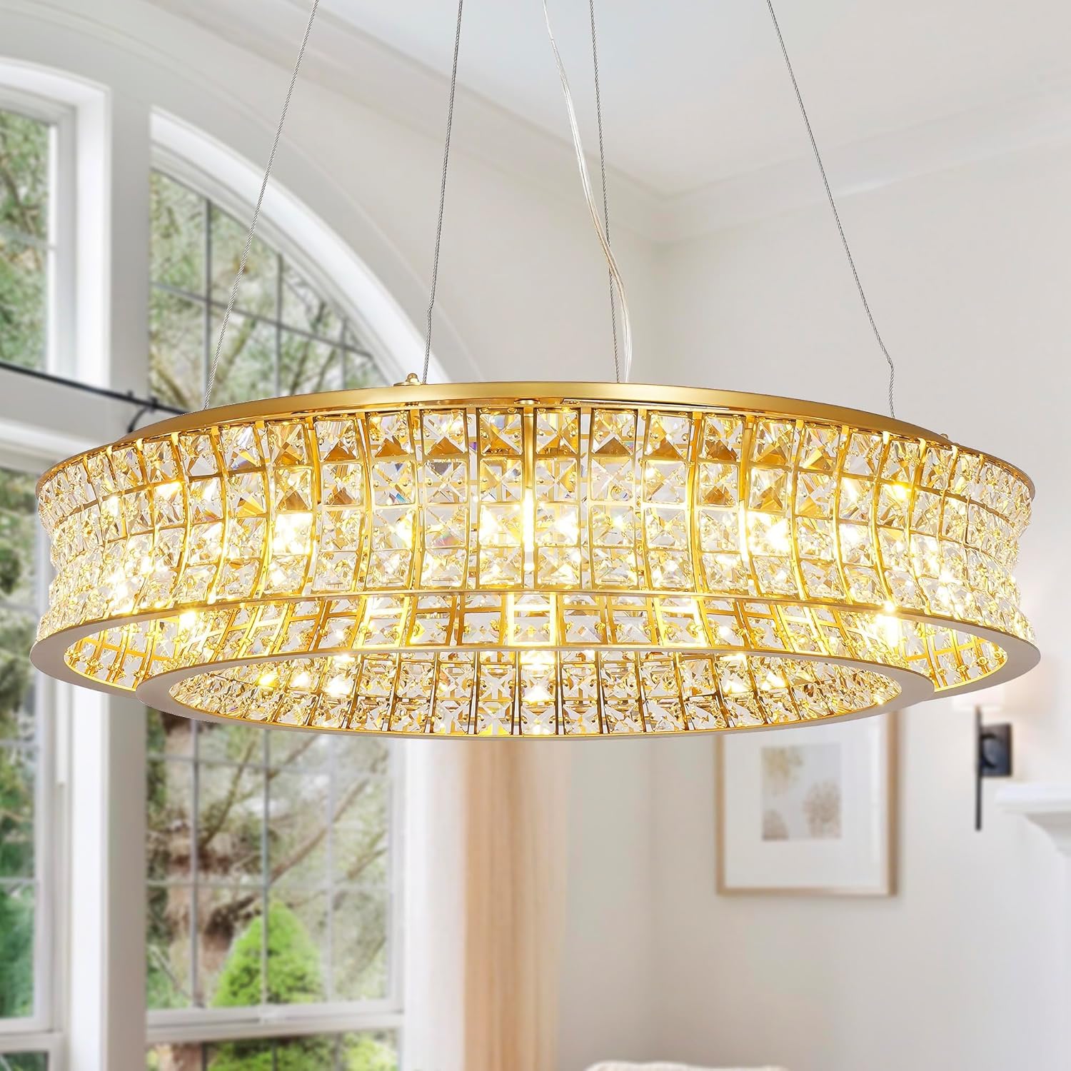 Modern K9 Crystal Chandeliers Light Brushed Brass Dining Chandelier Round Luxury Crystals Ceiling Hanging Pendant 12 Lights Lighting Fixture Living Bedroom Entryway D24