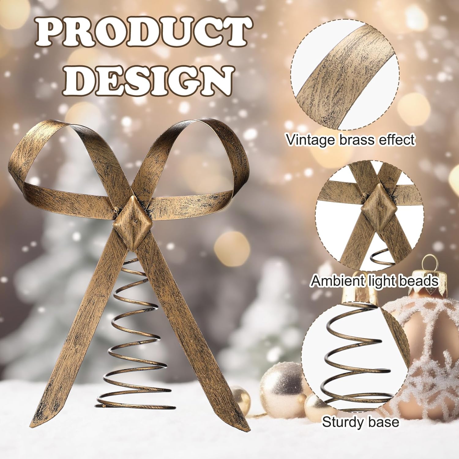 Retisee 9.8inch Large Brass Bow Christmas Tree Topper Vintage Metal Christmas Tree Topper Gold Bow Rustic Neutral Xmas Decoration for Xmas Indoor Outdoor Decor