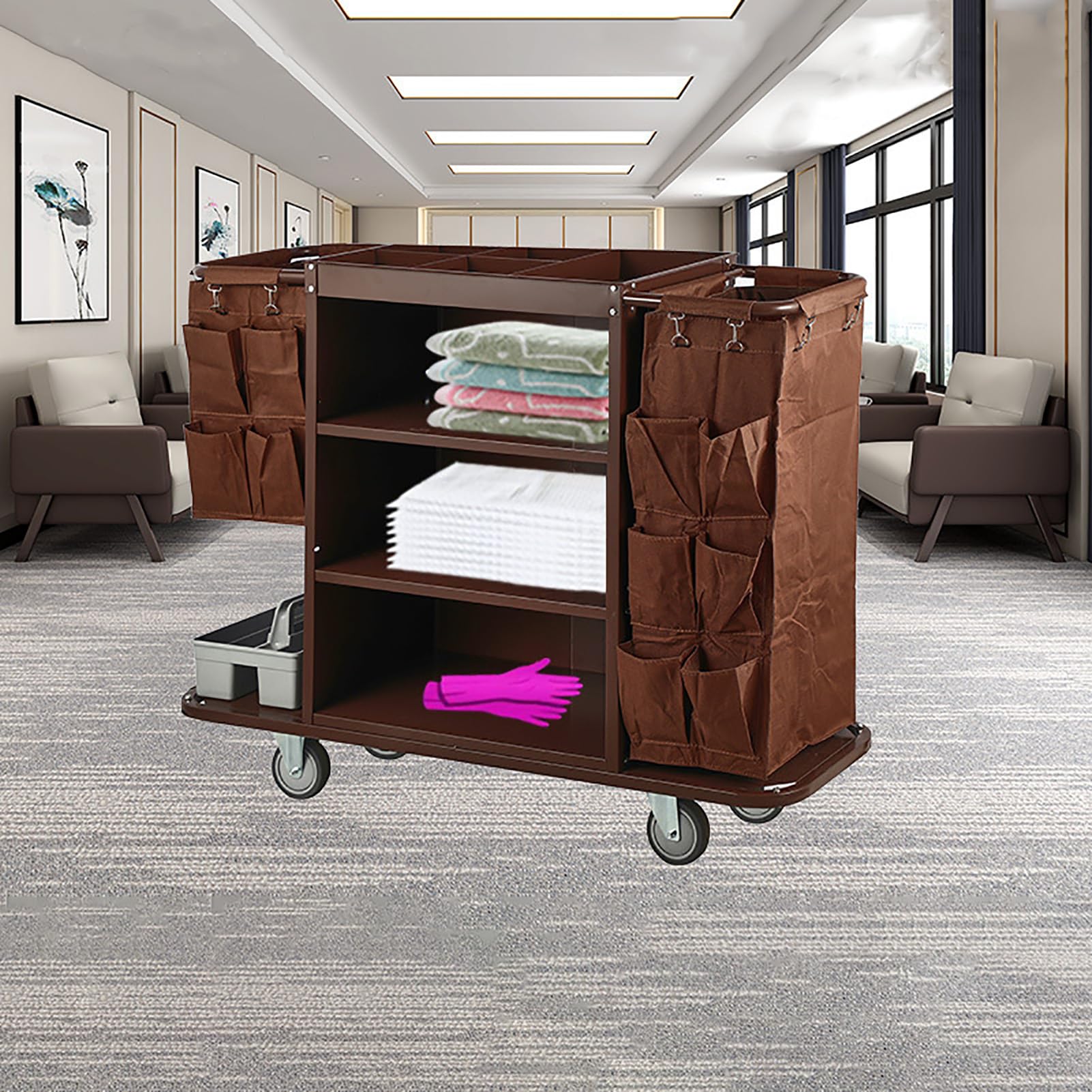 Carrello per Pulizie Commerciale Tradizionale a 3 Ripiani con Borsa, Ideale per uffici, Hotel e Appartamenti, Colore Marrone.