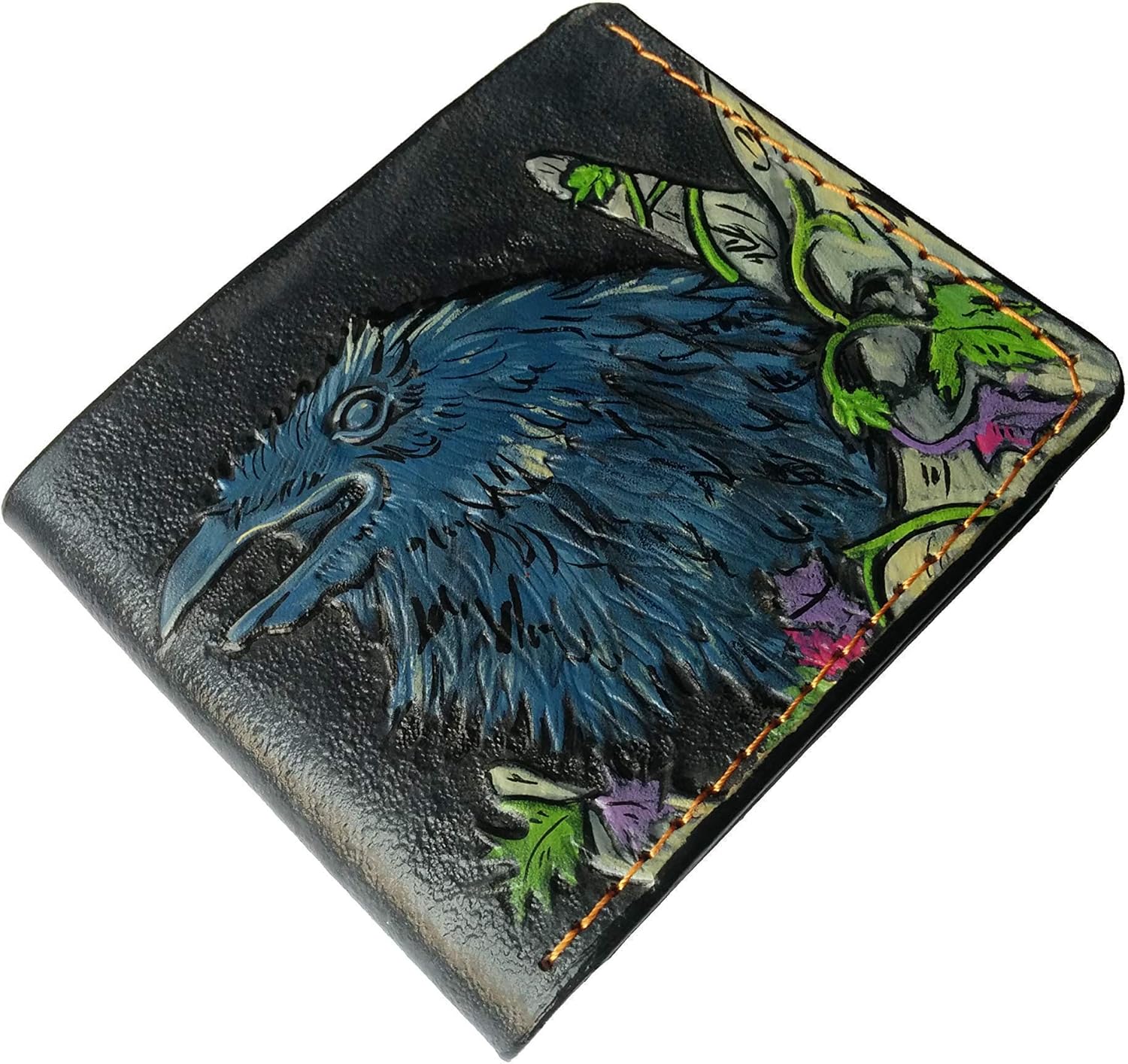 Theodoros Fantasy Black Raven Leather Wallet for Men – Crow Gothic Design – RFID Genuine Leather Bifold Biker Wallet, Embossed, Carved, Tooled & Painted Wallet, Custom Personalized Gift