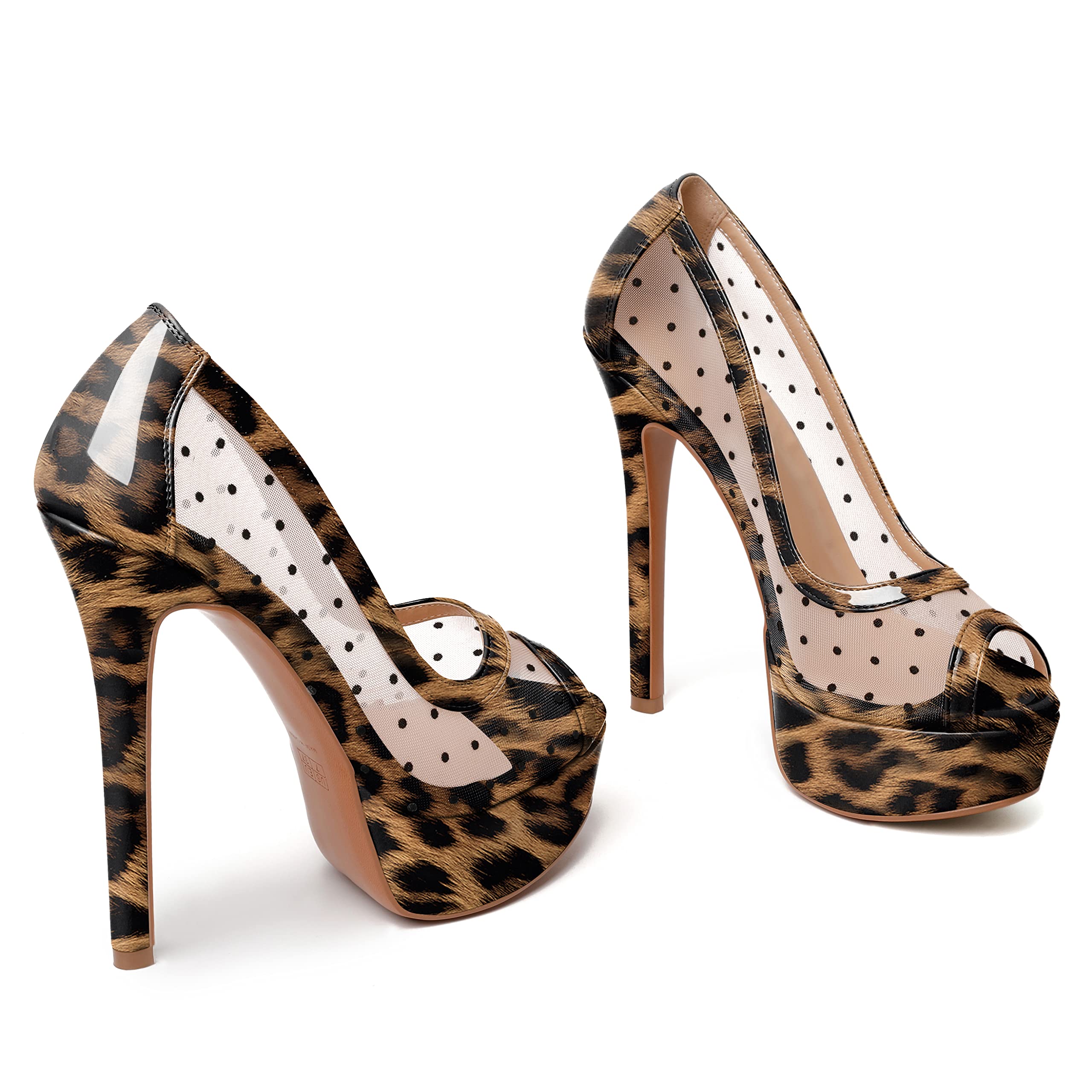 AUMOTED Women's Peep Toe High Heel Platform Stiletto Pumps Slip On Patent Mesh Polka Dot Heels 5.5" Party Wedding Dress Shoes: 7.5 Leopard