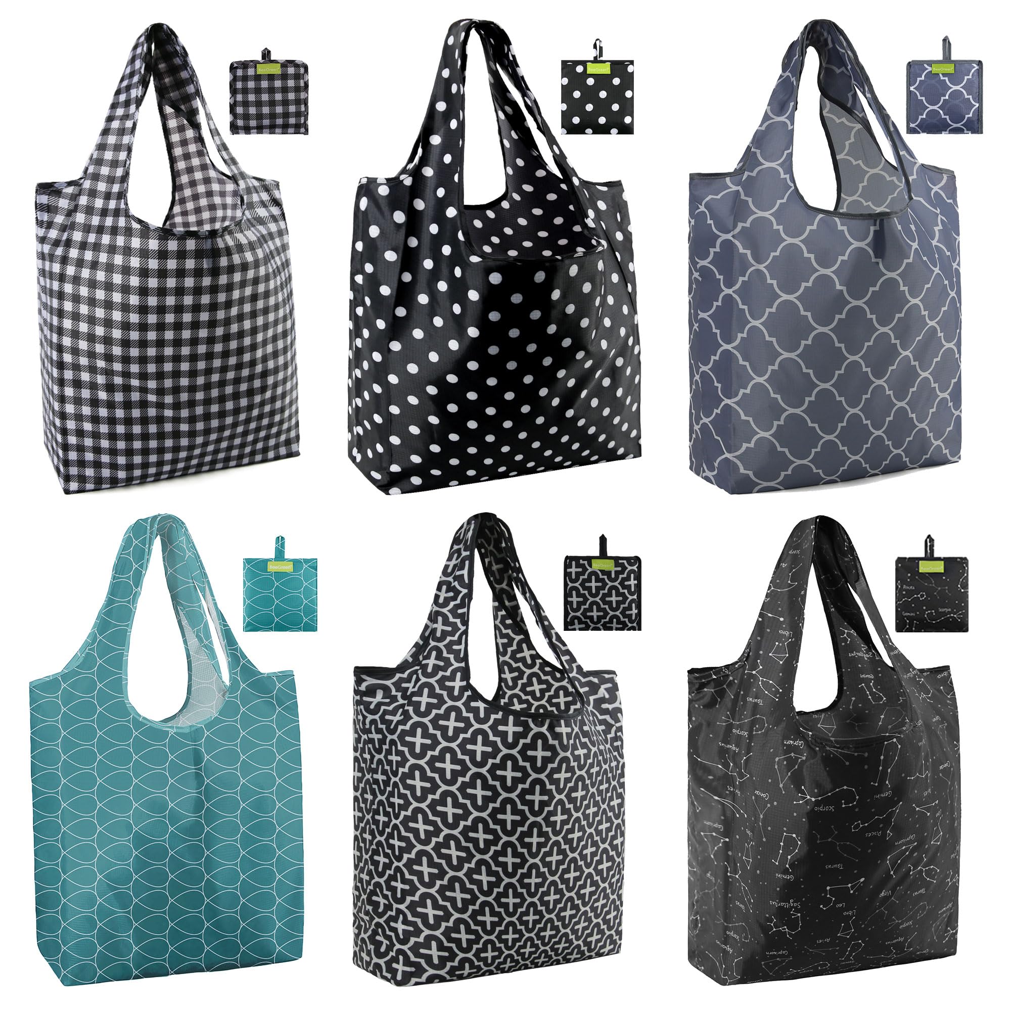BeeGreen Gifts Bag Reusable Grocery Bags Foldable Shopping Bags For Groceries 6 Pack Cute Holiday Cloth Bags With Handles Large Tote bag Bulk Polyester Heavy Duty