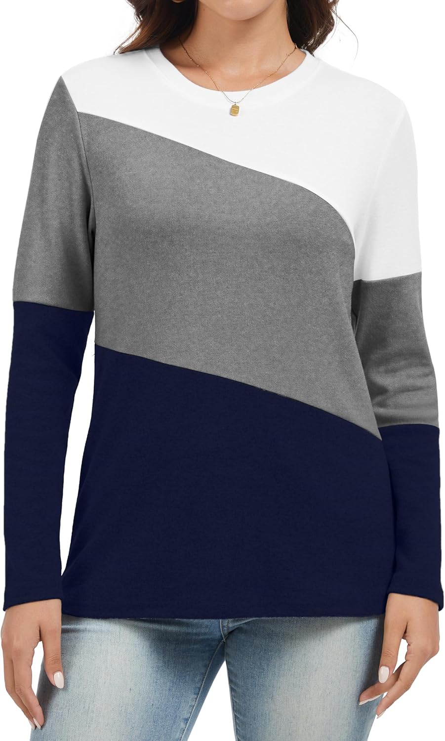 Women's Color Block Tunics Tops Crewneck Long Sleeve Shirts Casual Pullover Loose Fit T-Shirt