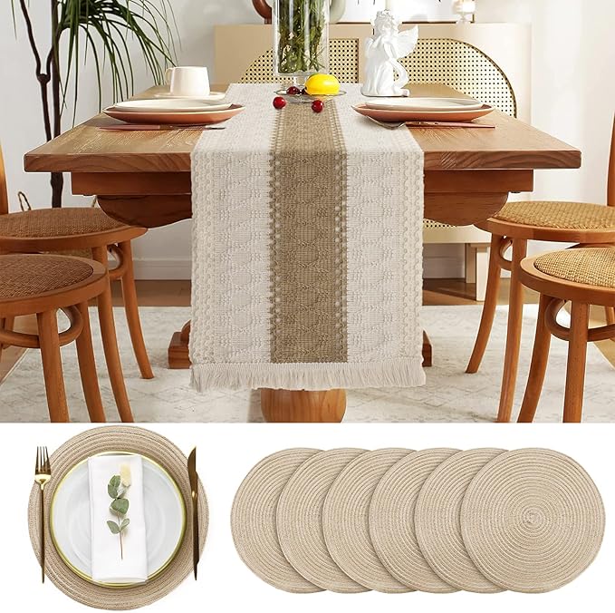 7 Pcs Boho Table Runners and Boho Round Placemats Splicing Woven Macrame Table Runner with Tassels Farmhouse Dining Decor for Wedding Kitchen Dining(12 x 72 Inch)