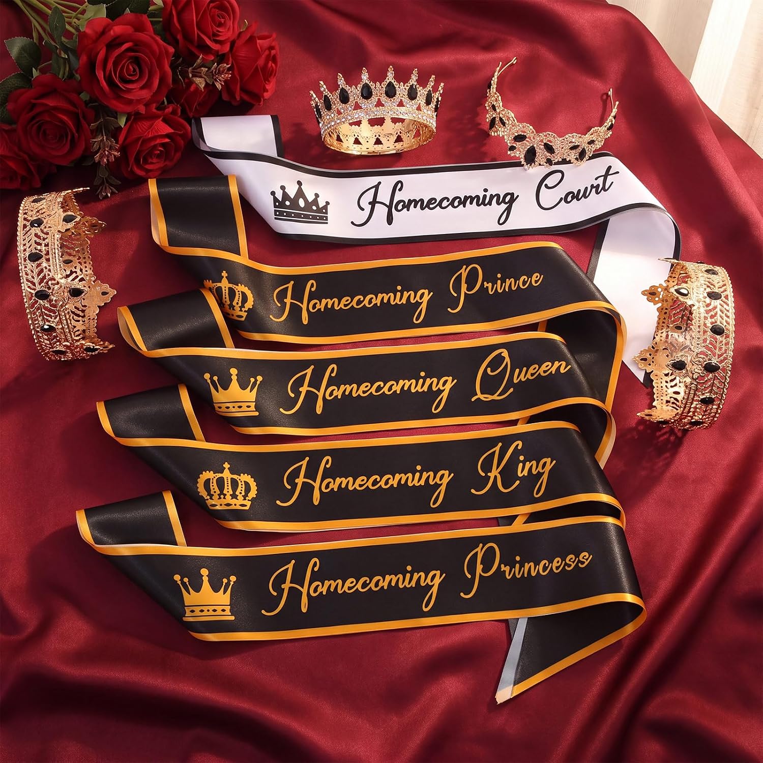 Ferreve 16 Pcs Homecoming King Queen Crowns Sashes Set, Black image 4