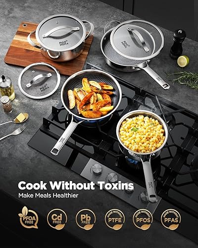Miniatura 9 de Juego de sartenes antiadherentes, no tóxicas de tres capas de cerámica híbrida de 3 piezas, sartenes de acero inoxidable de 8, 10 y 12 pulgadas, sin