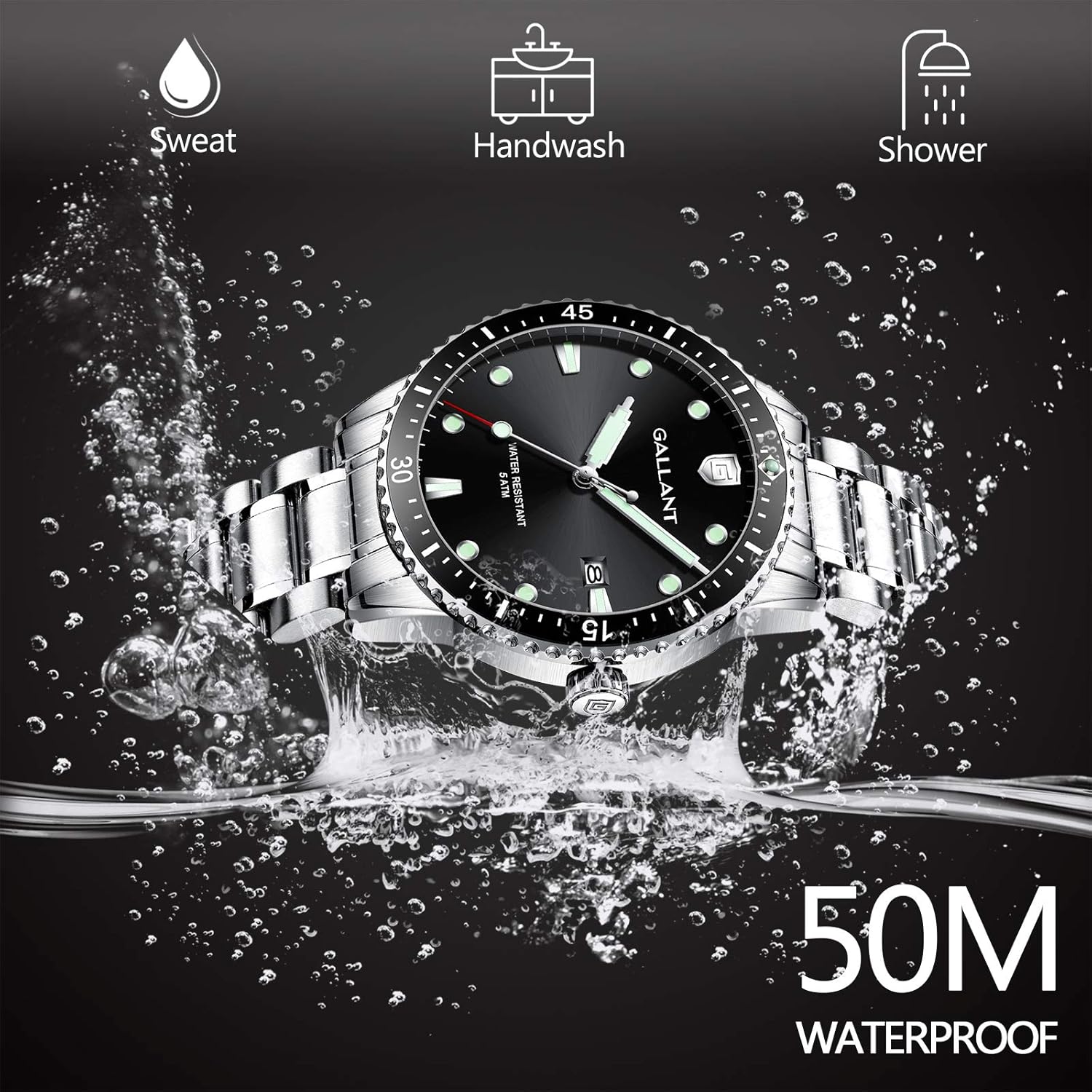 G GALLANT Mens Watch Quartz Analog Watches with Stainless Steel Band Metal Wrist Watch for Men Calendar Date 5ATM Waterproof Watches Business Casual Dress