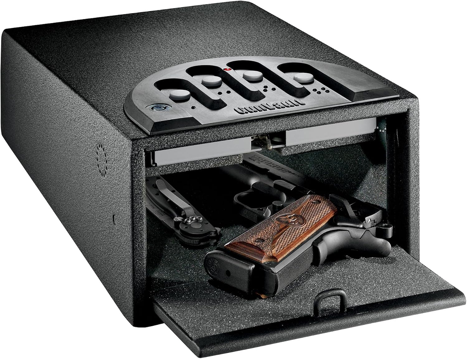 GunVault MiniVault GV1000 Standard Digital Single Gun Safe – Quick-Access Pistol Safe with No-Eyes® Keypad, Spring-Loaded Door, Tamper Alert & 16-Gauge Steel Construction