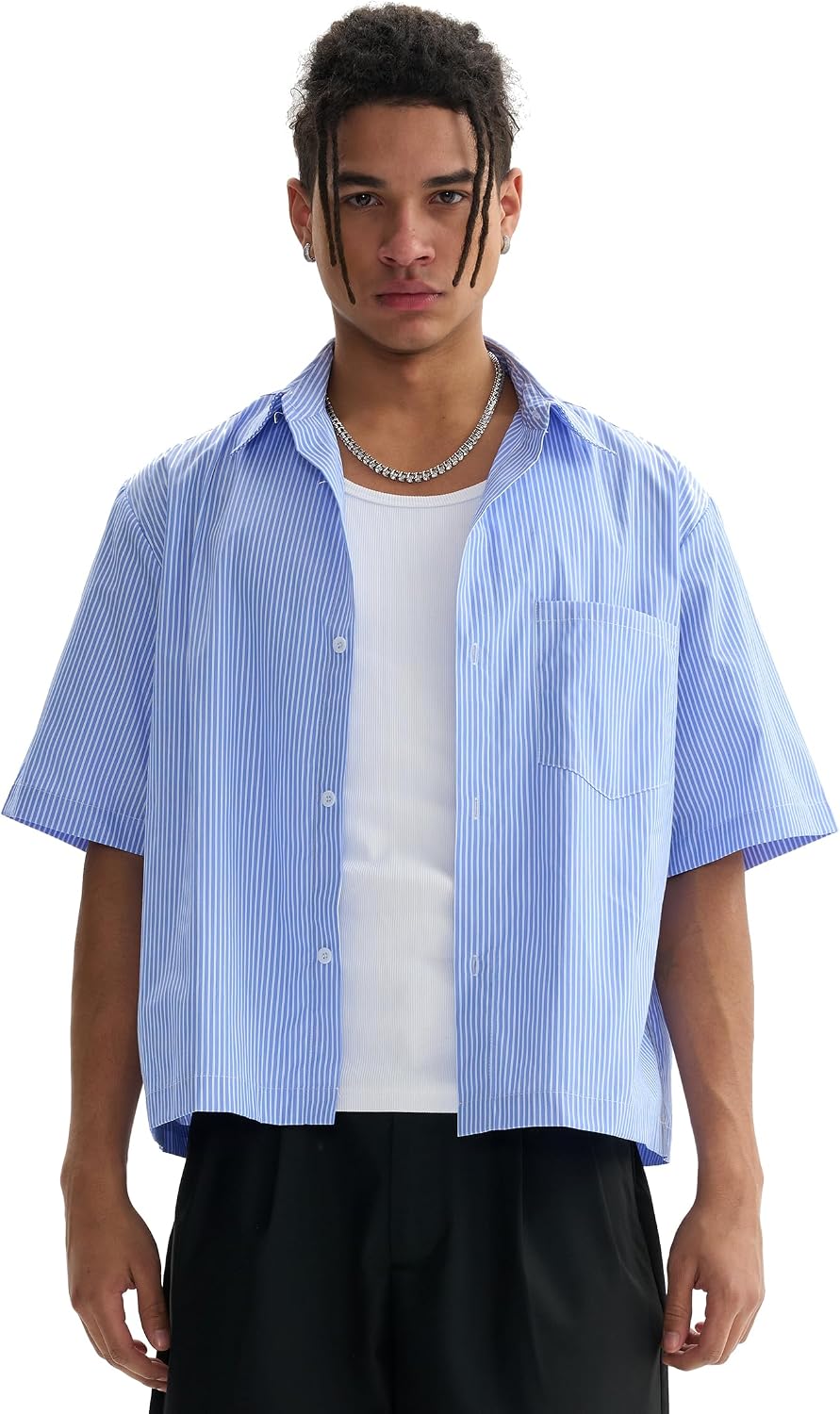 Men's Striped Boxy Cropped Shirts Short Sleeve Button Down Tee Shirt Oversized Baggy Blue T Shirts For Men