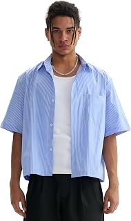 Men's Striped Boxy Cropped Shirts Short Sleeve Button Down Tee Shirt Oversized Baggy Blue T Shirts For Men