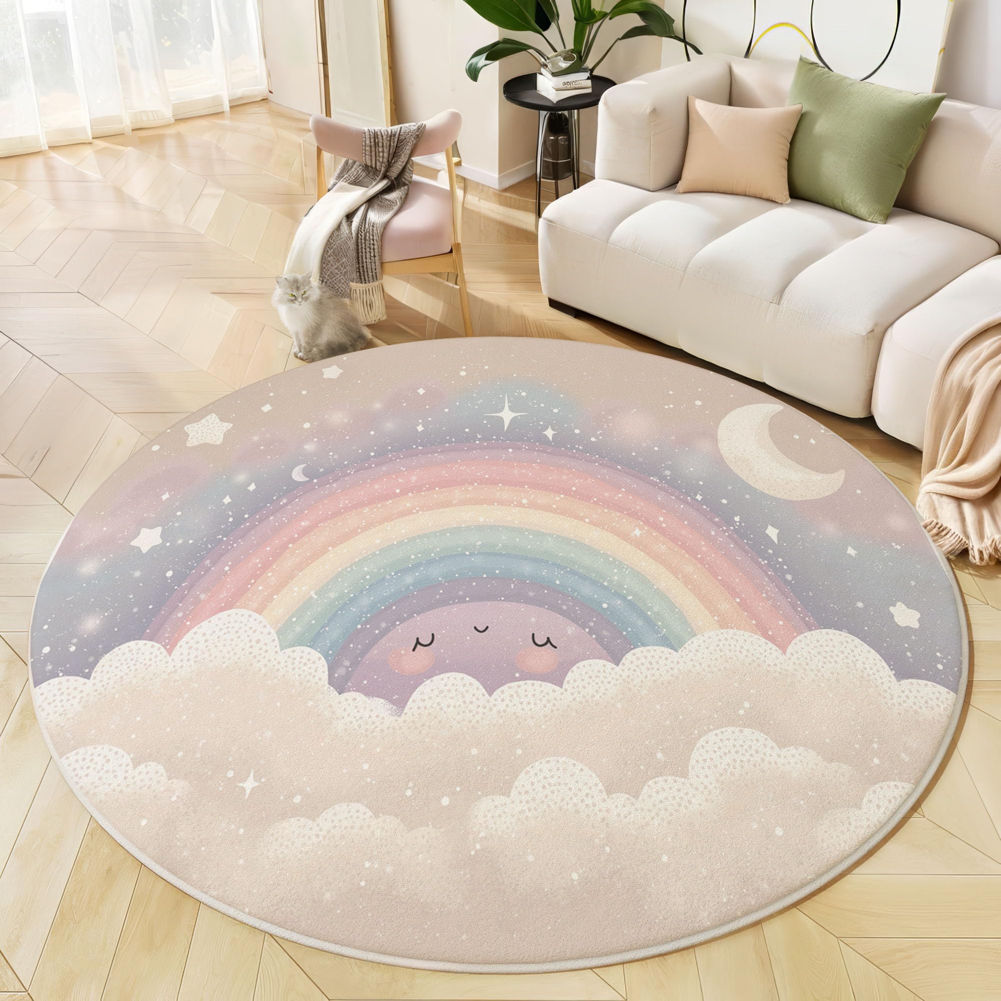 Tapis Rond Étoiles Lune Arc-en-Ciel, Style Aquarelle Onirique Lavable en Machine pour Chambre d'enfants Salle De Jeux (120cm, Multicolore)