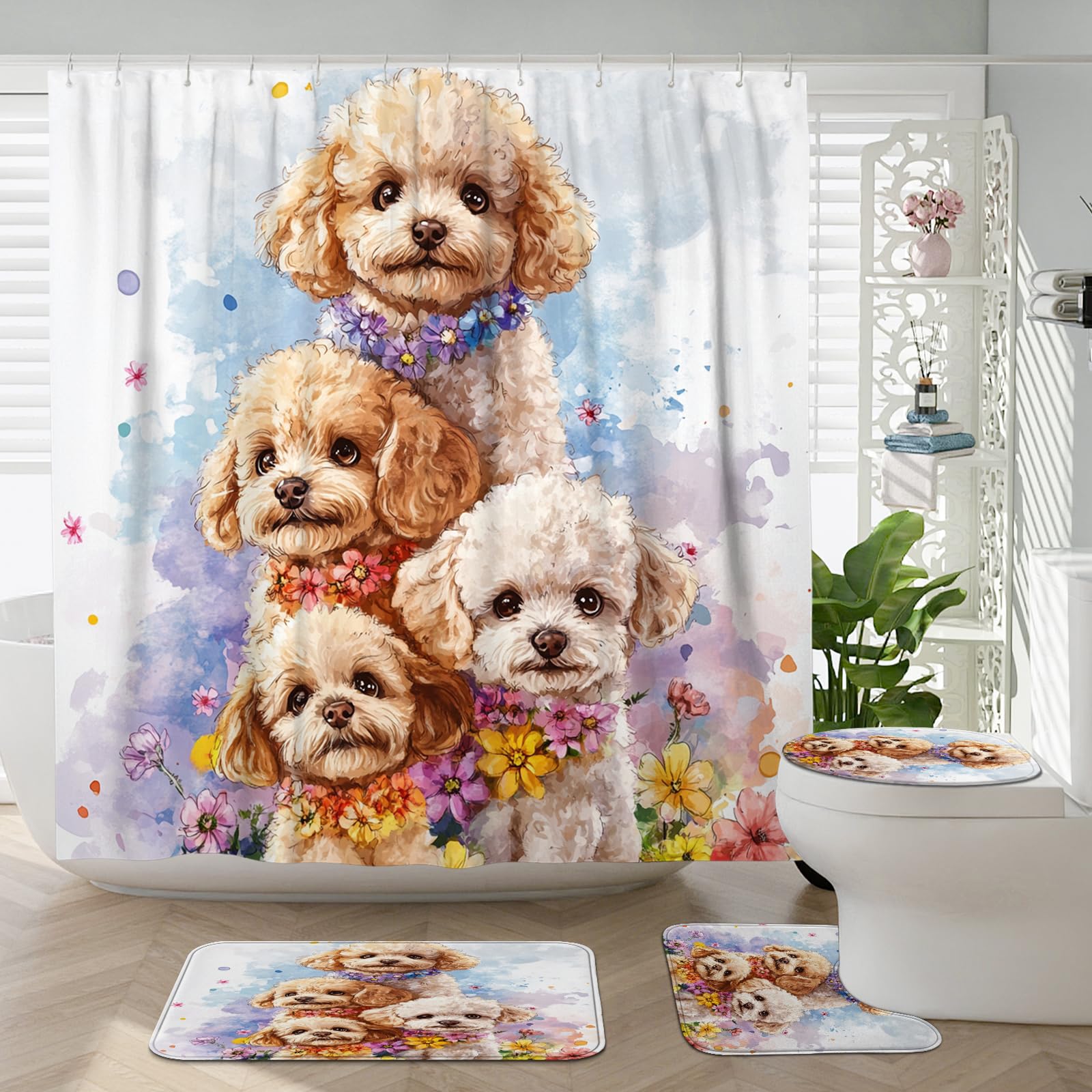 4PCS Spring Funny Poodle Dog Bathroom Accessory Sets with Non-Slip Rug, U Shape and Toilet Lid Cover Mat, Fun Flower Floral Bathroom Fabric Decor-72''x72''