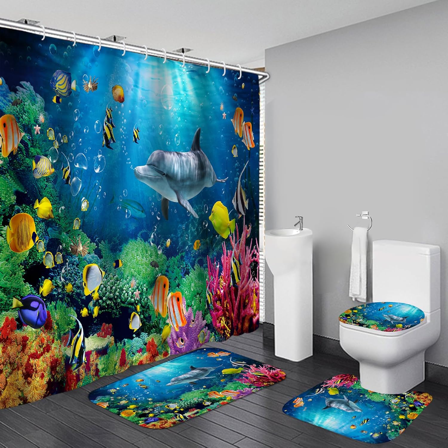 4Pcs Deep Blue Fish Shower Curtain Sets with Rugs, Dolphin Coral Ocean Theme Bathroom Decor Sets Complete, Home and Hotel Bathroom Accessories, juego de baño, 12 PCS Hooks, 71 x 71 in