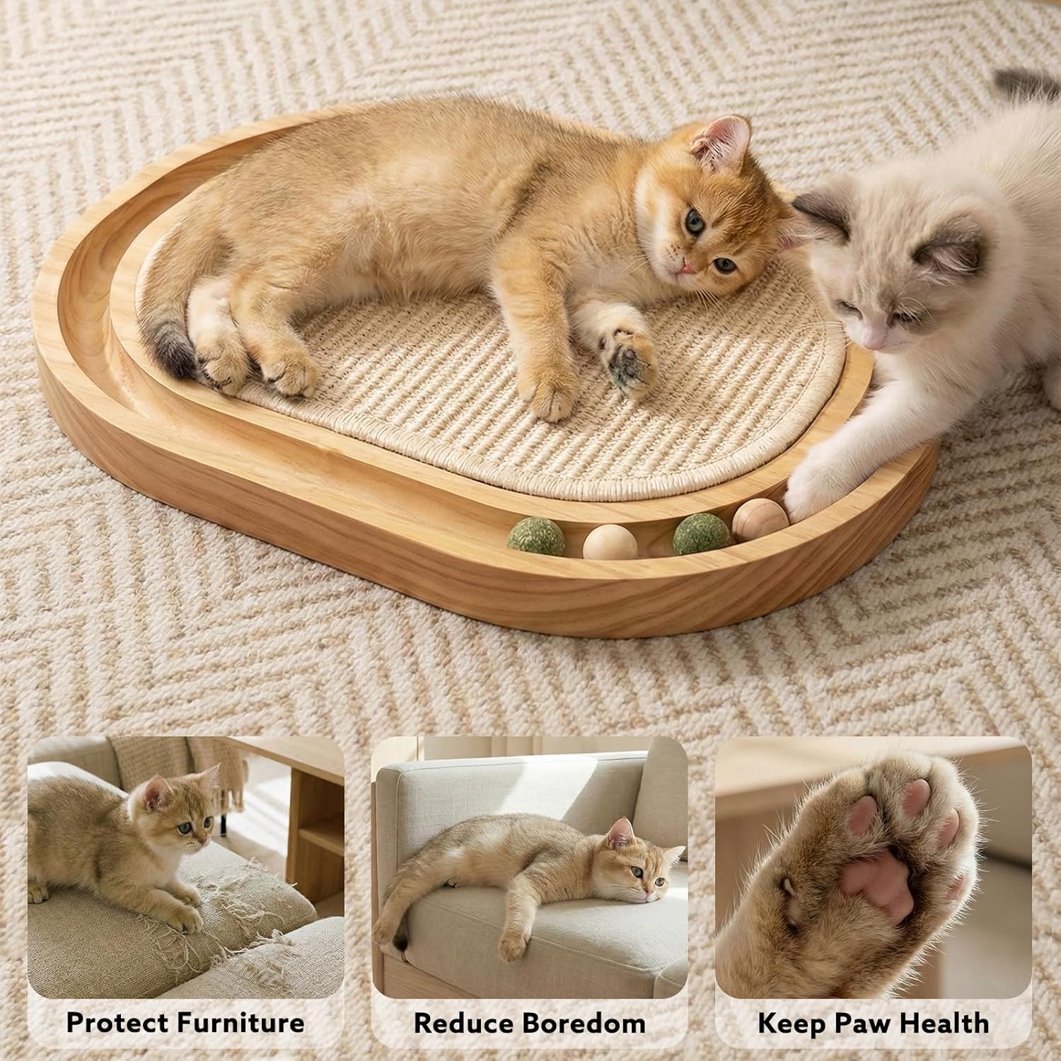 Sisal Cat Scratcher Toy with Ball Track, Natural Scratching Pad, Wooden Cat Toy with Non-Slip Base for Indoor Cats, Suitable for Kittens and Medium Cats