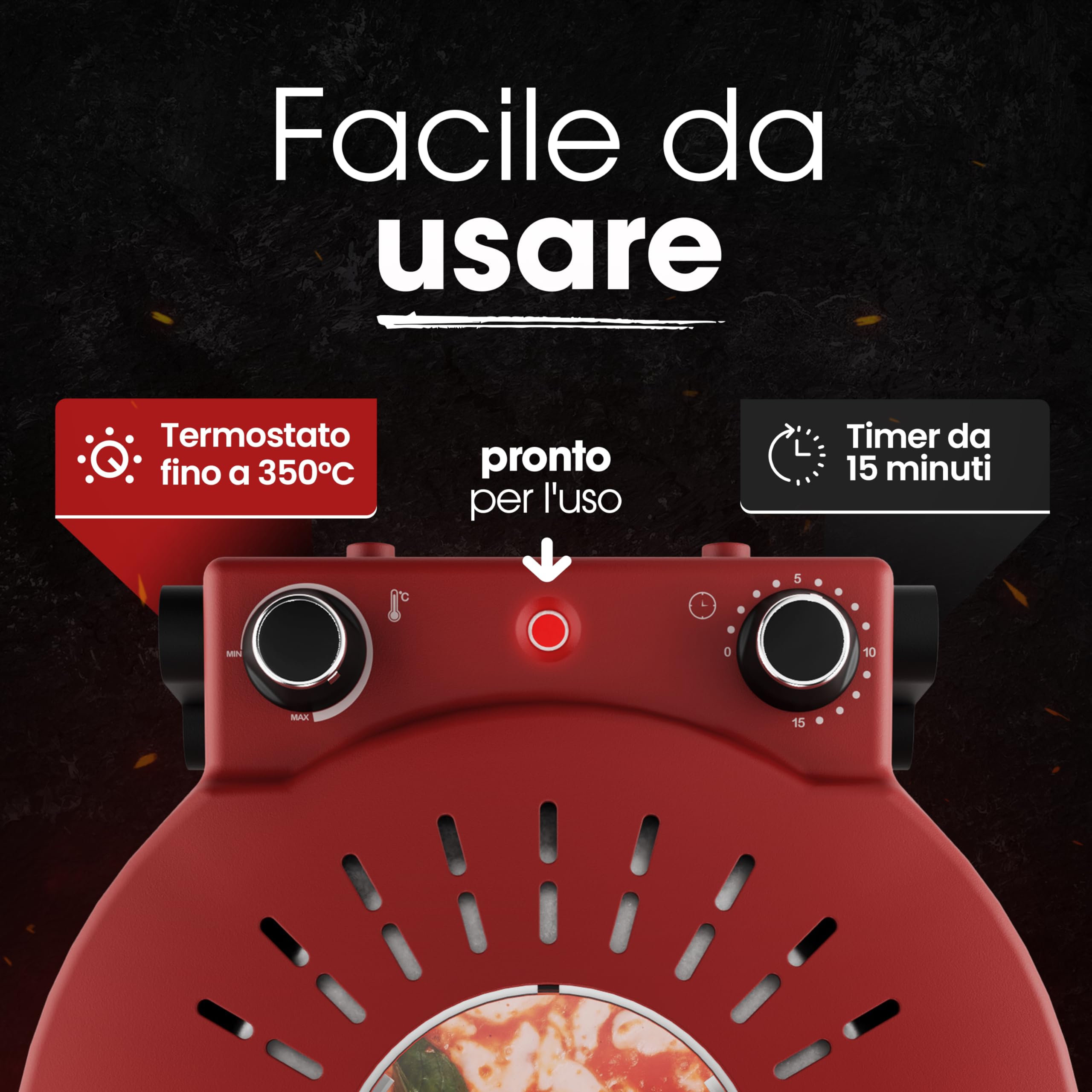Forno per pizza Clatronic® | Pizzarette 350°C per pizza italiana su pietra a casa | anche per pizze surgelate | pizza in meno di 5 minuti | inclusa pietra per pizza Ø32cm e accessori | PM 3787
