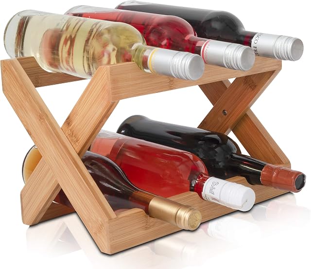bamboo wine rack foldable free standing and countertop wine storage shelf 2 tier display rack(natural, 6 bottles)