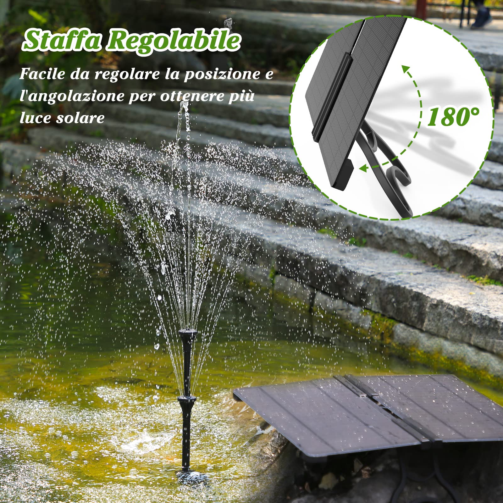 AMZtime 20W Fontana Solare da Esterno Fai Da Te, Ultimo Aggiornamento Pompa Stagno Solare Pieghevole, con Supporto Regolabile e 6 stili di fontana, per Giardino, Stagno, Fai Da Te Acqua Caratteristica