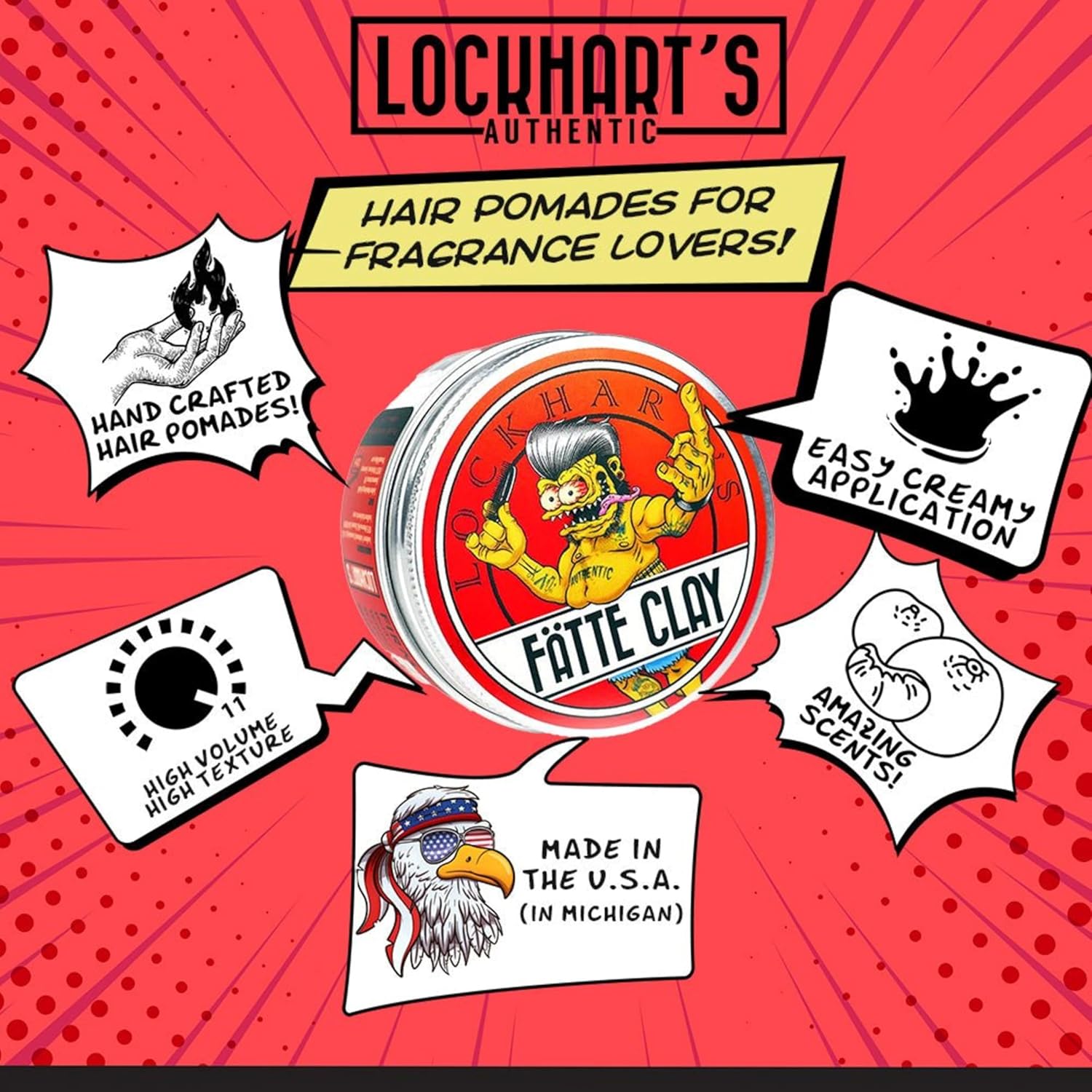 Lockhart’s Fätte Clay - Pomade For Men (3.4oz) – All-Day Hold, Natural Finish, Insane Texture and Volume – Smooth, Easy Application - Wicked Hold Without The Crunchy Hair – Sandalwood Scent