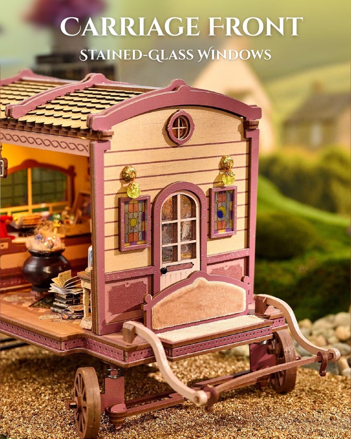 The Traveling Magic Shop DIY Miniature House Kit w/LED Light – Carriage Dollhouse Kit – Wood 3D Puzzles Tiny House Book Nook Halloween Birthday Christmas