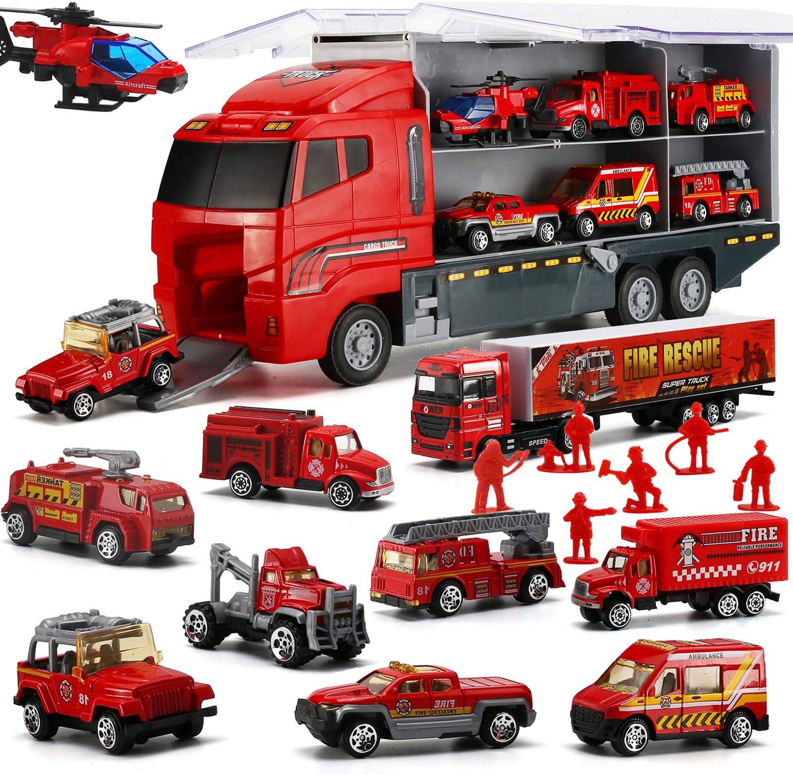 19 Pcs Fire Truck with Firefighter Toy Set