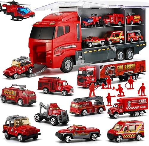 Camión de bomberos de 19 piezas con juego de juguetes de bomberos, mini automóvil de bomberos fundido a presión en camión transportador, mini