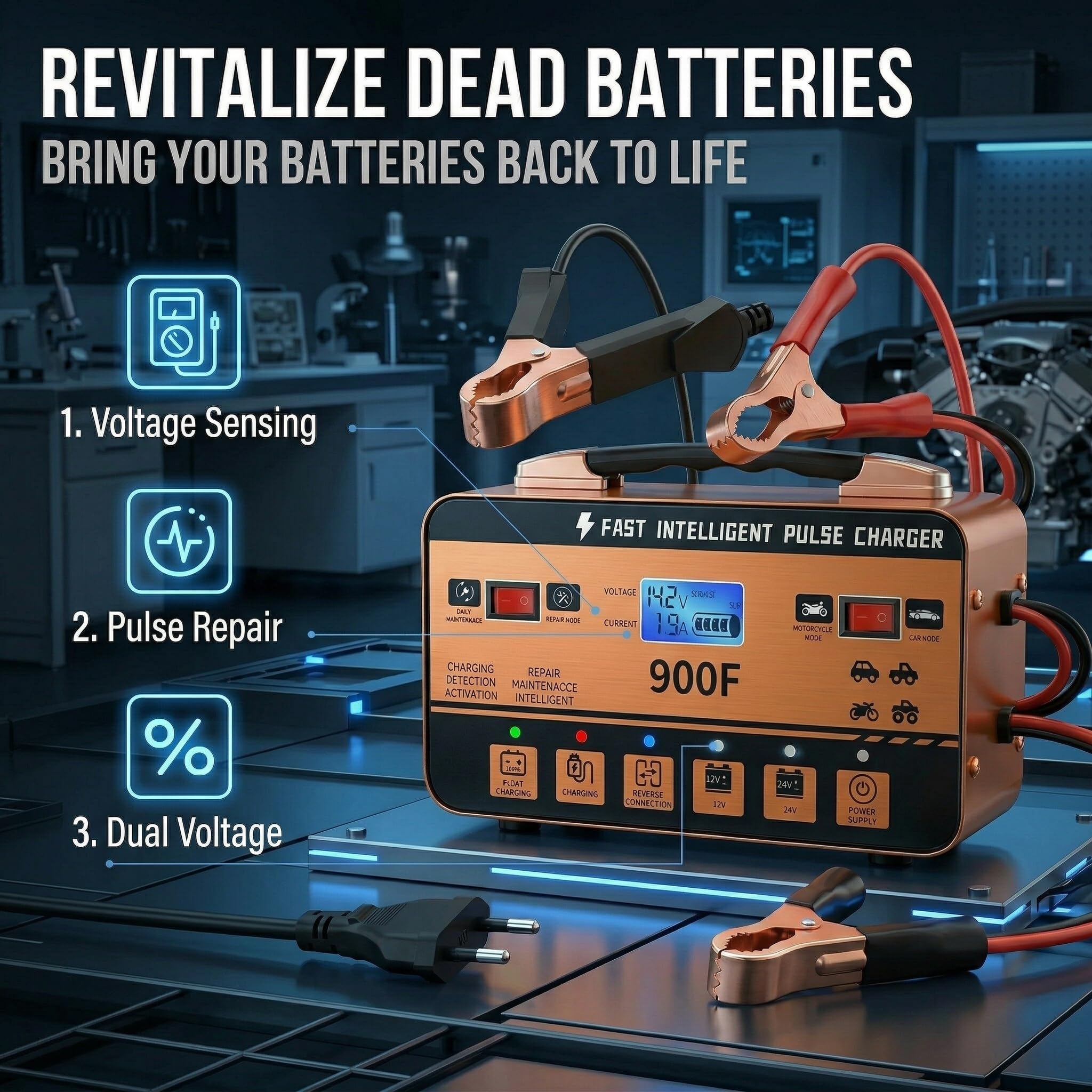 Batterie Ladegerät 12V 24V Puls Intelligente – Automatisches Reparatur-Ladegerät mit Sommer-Modus & 6-Fach Schutz, Für Auto, LKW, Motorrad, Roller & Boot