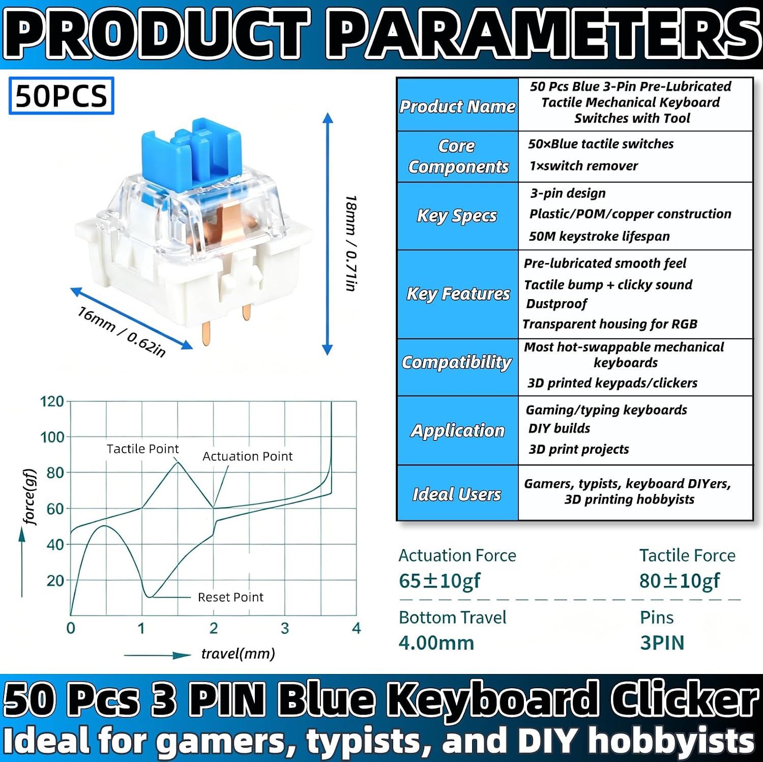 50 Pcs Blue 3-Pin Pre-Lubricated Tactile Mechanical Keyboard Switches, Dust-Proof Replacement with Disassembly Tool for LED Gaming Keyboards, DIY 3D Printed Keypads & Clickers for 3D Prints