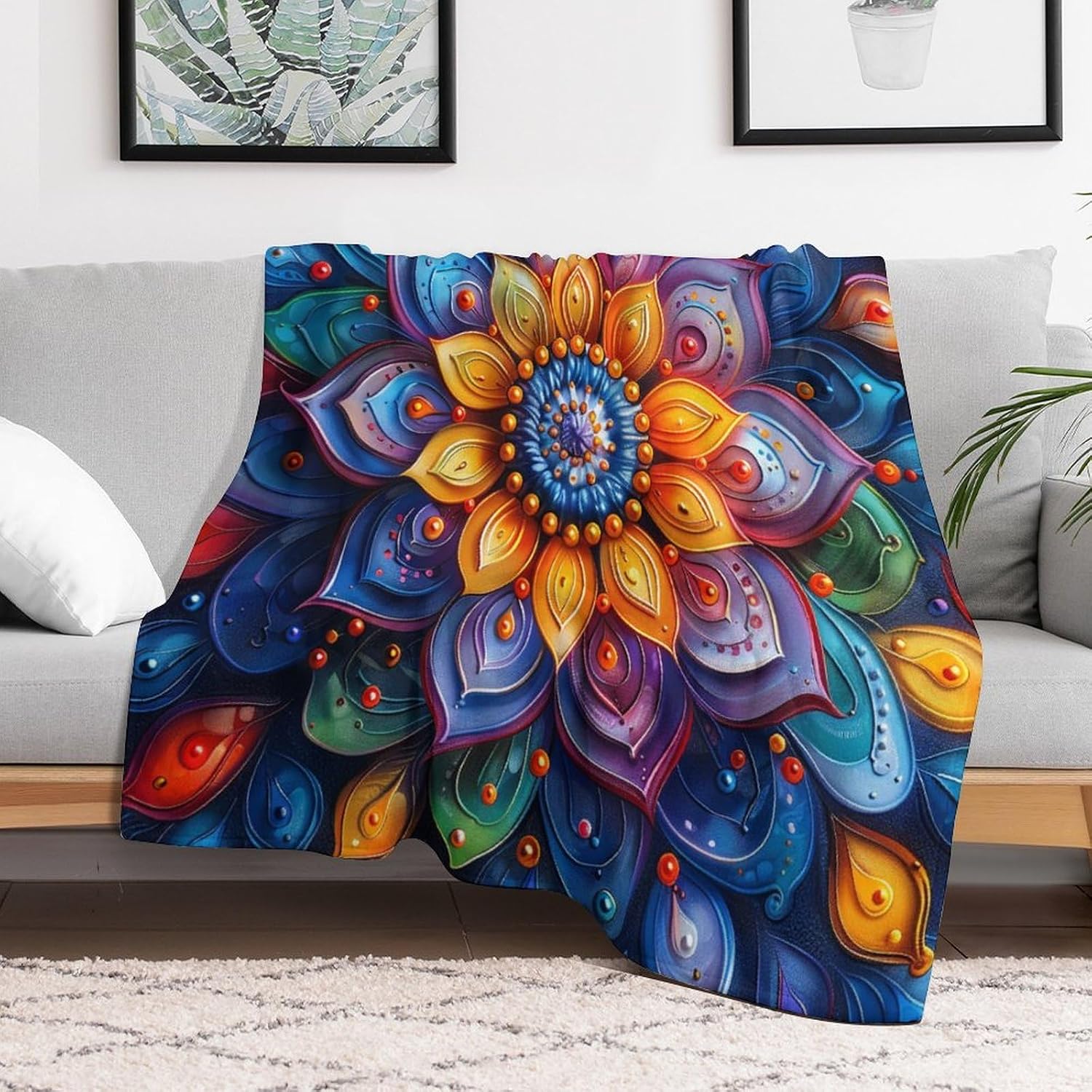 Colorful Floral Art Deco Throw Blanket, Soft Cozy Warm Abstract Boho Mandala Flower Flannel Blankets for Sofa Couch Bed, 30x40 Inch