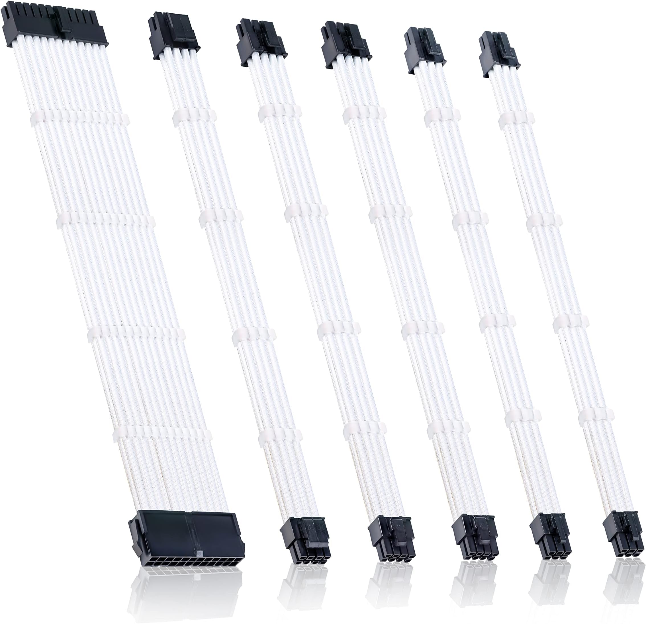 Fstop LabsBraided ATX Sleeved Cable Extension Kit for Power Supply Cable Kit, PSU Connectors, 24 Pin, 8 Pin, 6 Pin 4 + 4 Pin, 6 Pack, with Cable Comb 24 Pieces Set 24-Pin, 8-Pin, 6-Pin (White)