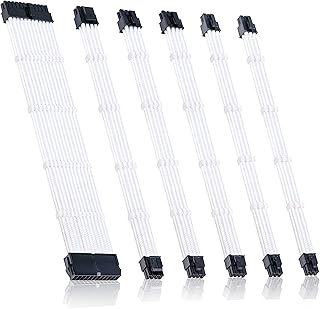Clovertale Braided ATX Sleeved Cable Extension Kit for Power Supply Cable Kit, PSU Connectors, 24 Pin, 8 Pin, 6 Pin 4 + 4 Pin, 6 Pack, with Cable Comb 24 Pieces Set 24-Pin, 8-Pin, 6-Pin (White)