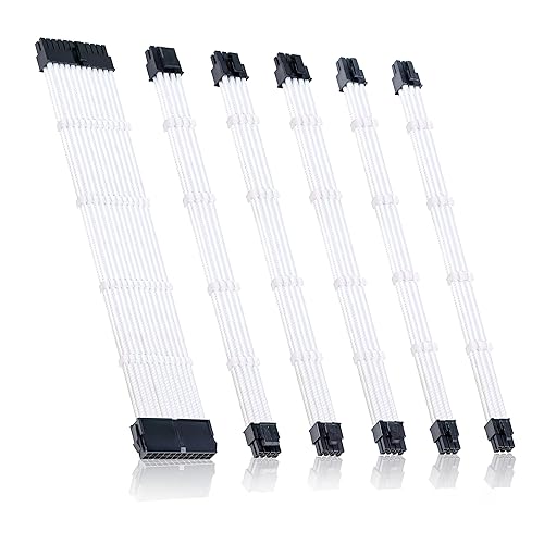 Clovertale Braided ATX Sleeved Cable Extension Kit for Power Supply Cable Kit, PSU Connectors, 24 Pin, 8 Pin, 6 Pin 4 + 4 Pin, 6 Pack, with Cable Comb 24 Pieces Set 24-Pin, 8-Pin, 6-Pin - White