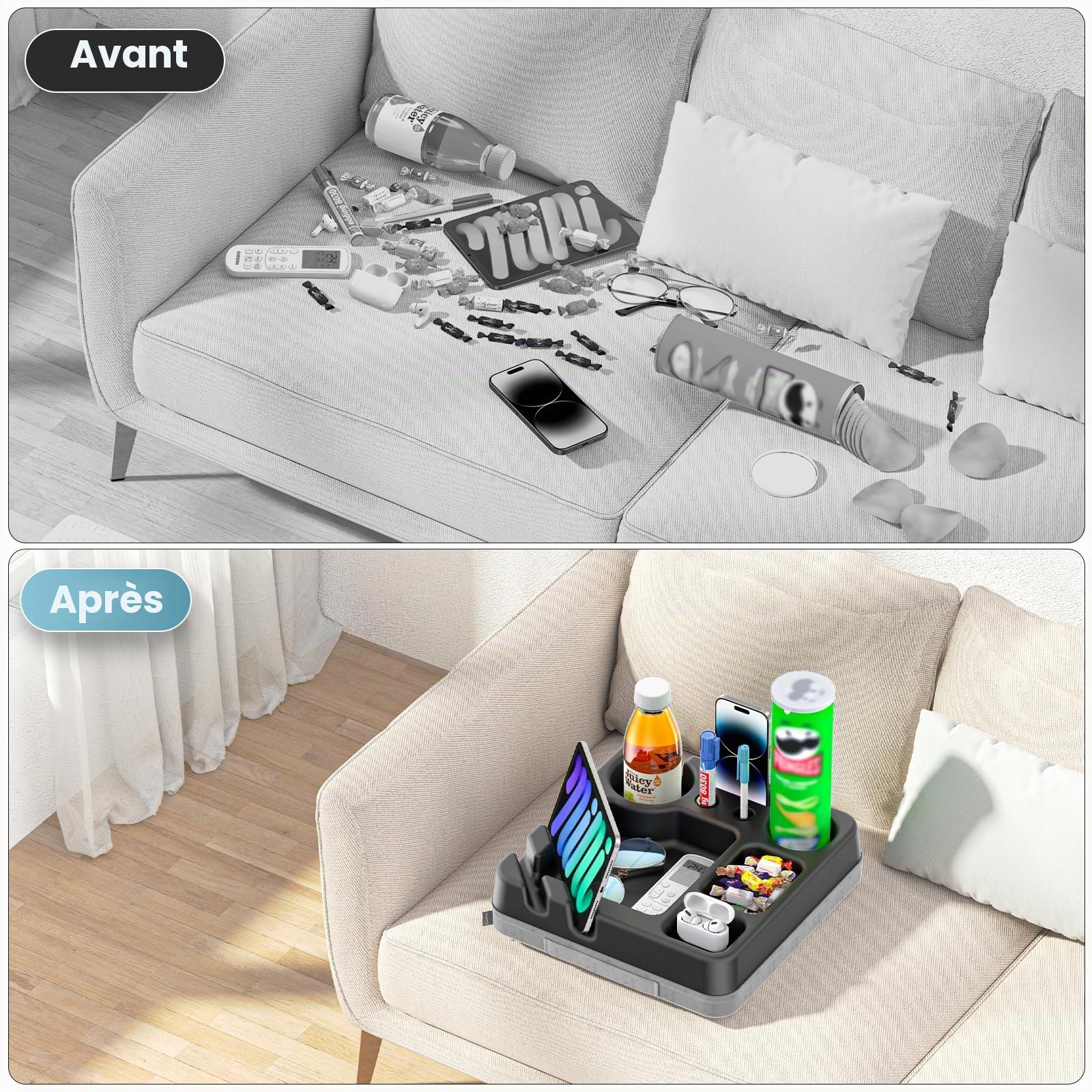 CLESOO Porte-gobelets pour Canapé - Coussin Plateau Canape avec Plateau à Collation, Support Télécommande, Porte-stylo, Support Téléphone & Tablette - Organisateur de Canapé pour Lit, Loisirs, Voiture