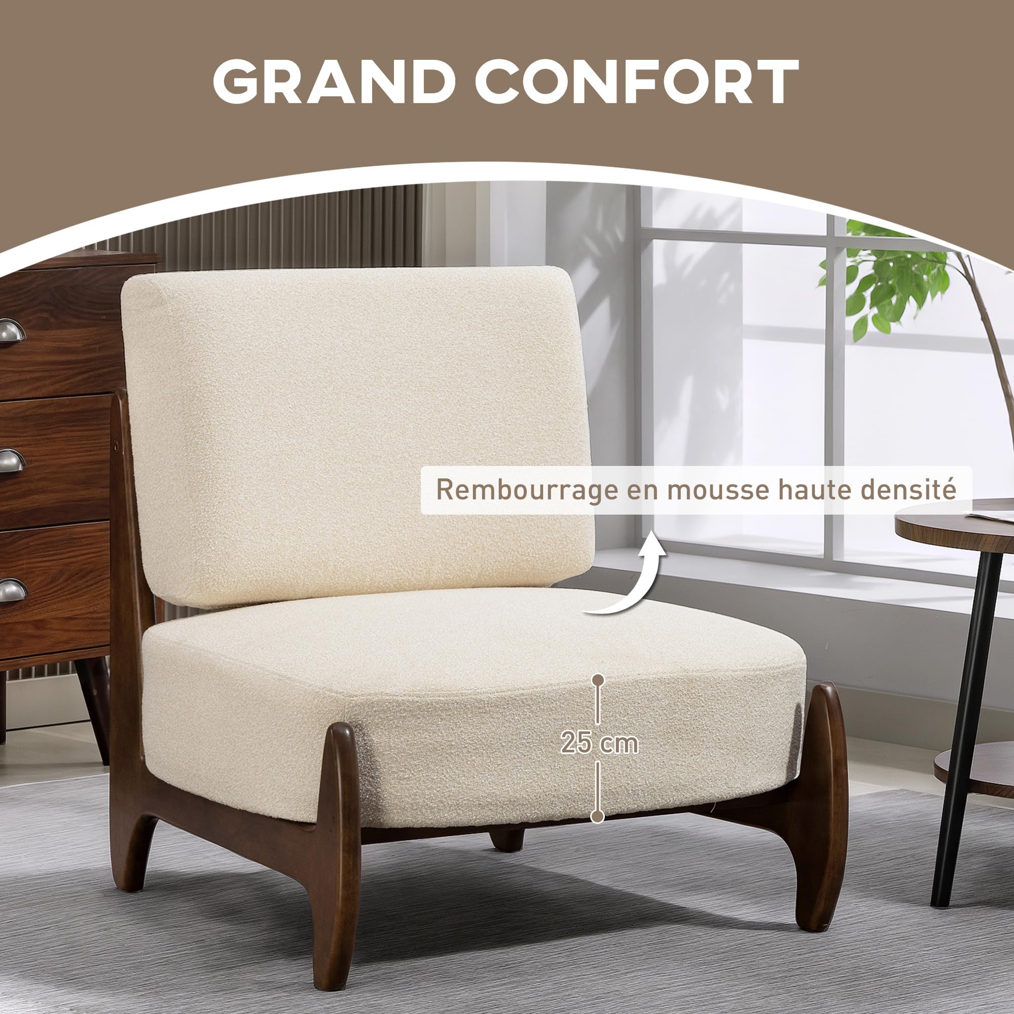 HOMCOM Fauteuil Salon en Chenille, Fauteuil Chambre Confortable Moderne avec Coussin épais, Assise rembourrée et Pieds en Bois d'hévéa, Chaise de Salon, Coins Lecture, Bureau à Domicile, crème