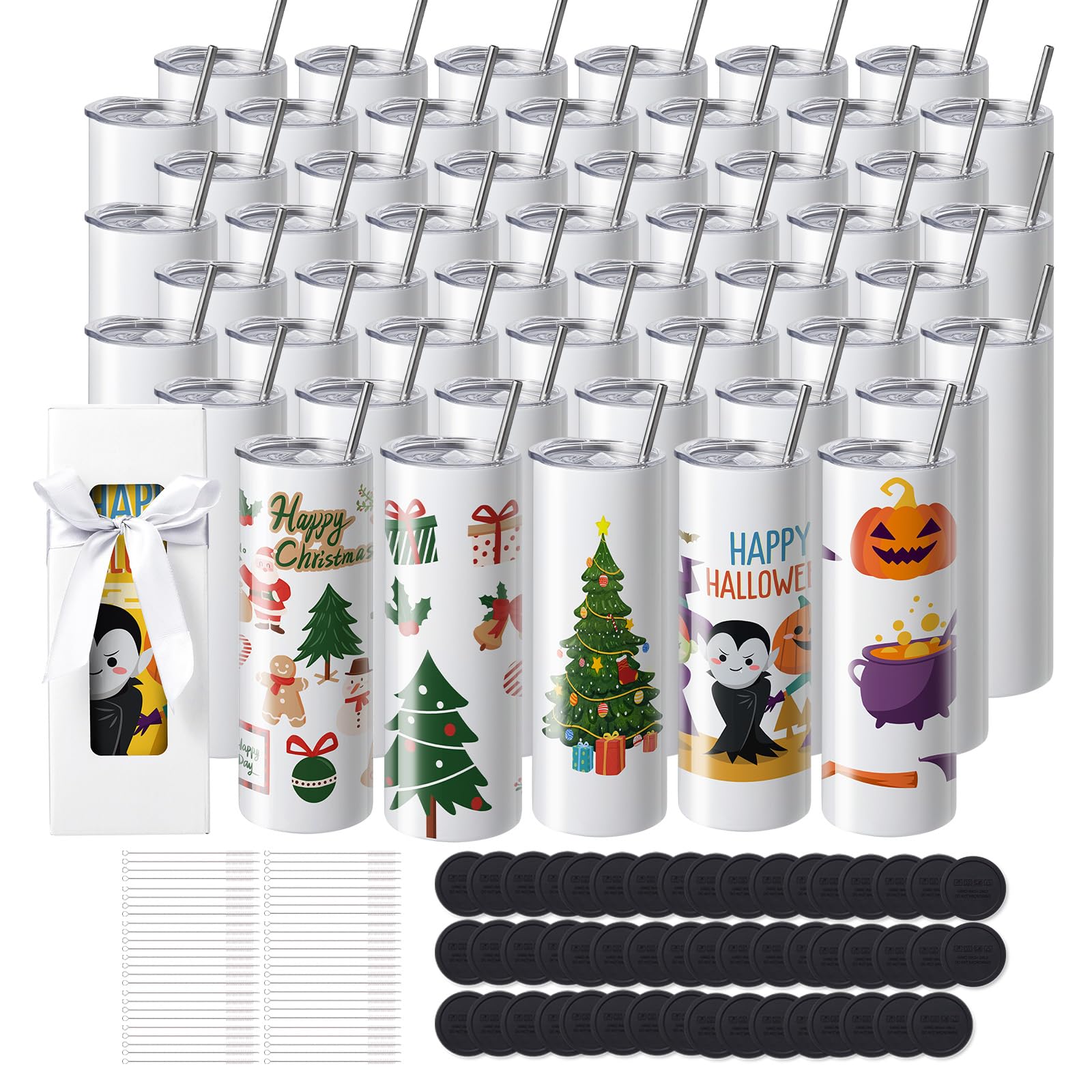 VEVOR Paquete de 50 Vasos de Sublimación Rectos de Acero Inoxidable de Doble Pared, Cada 591,5 ml, Vaso con Pajita, Tapa, Cepillo, base, Envoltura Retráctil, Caja de Regalo, para prensa de calor