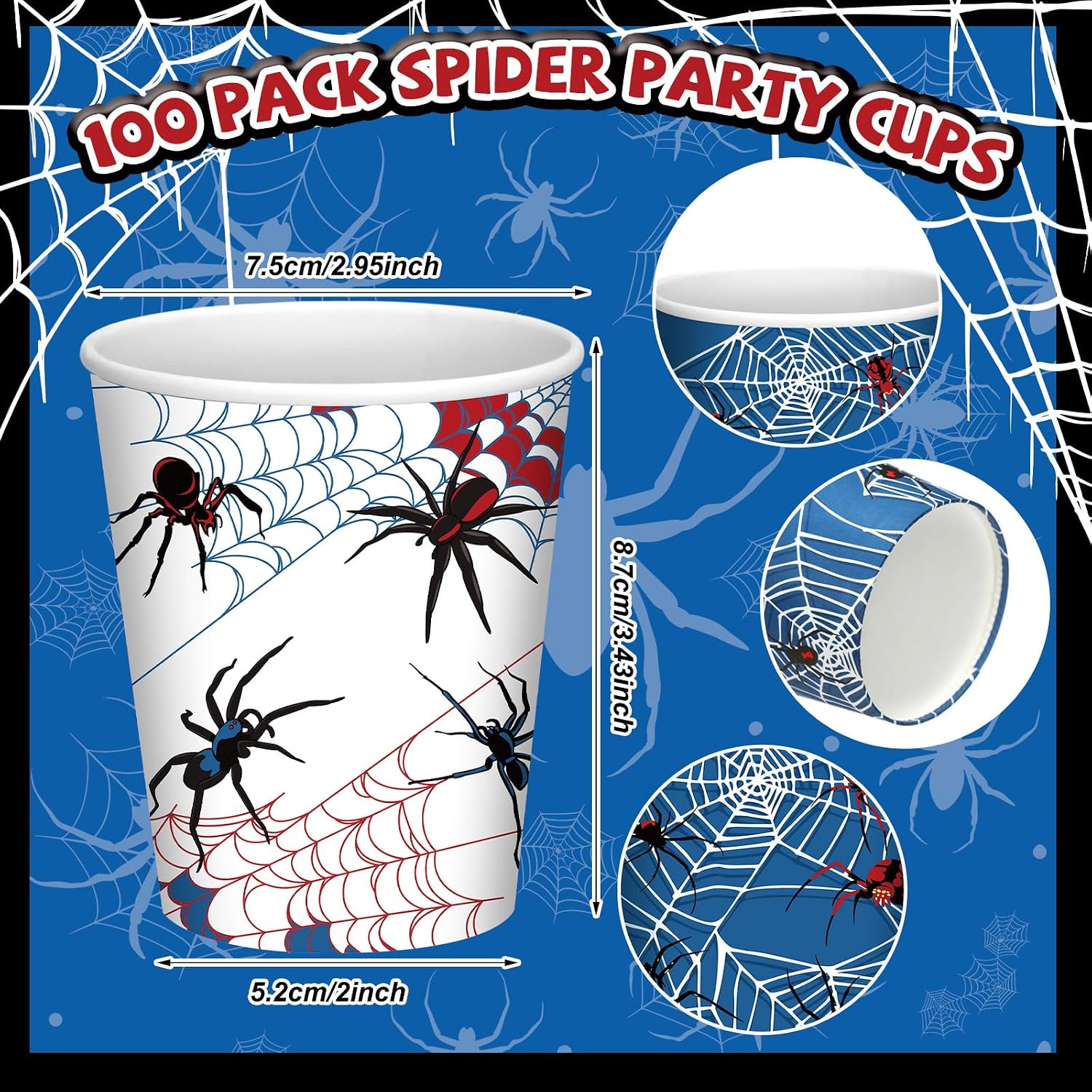 Teenyyou 100 Pcs 9 oz Spider Disposable Paper Cups Spider Party Decorations Red Blue Black Paper Drinking Cups for Hot Cold Wine Coffee Tea Beverage Halloween Holiday Birthday Home Party Supplies