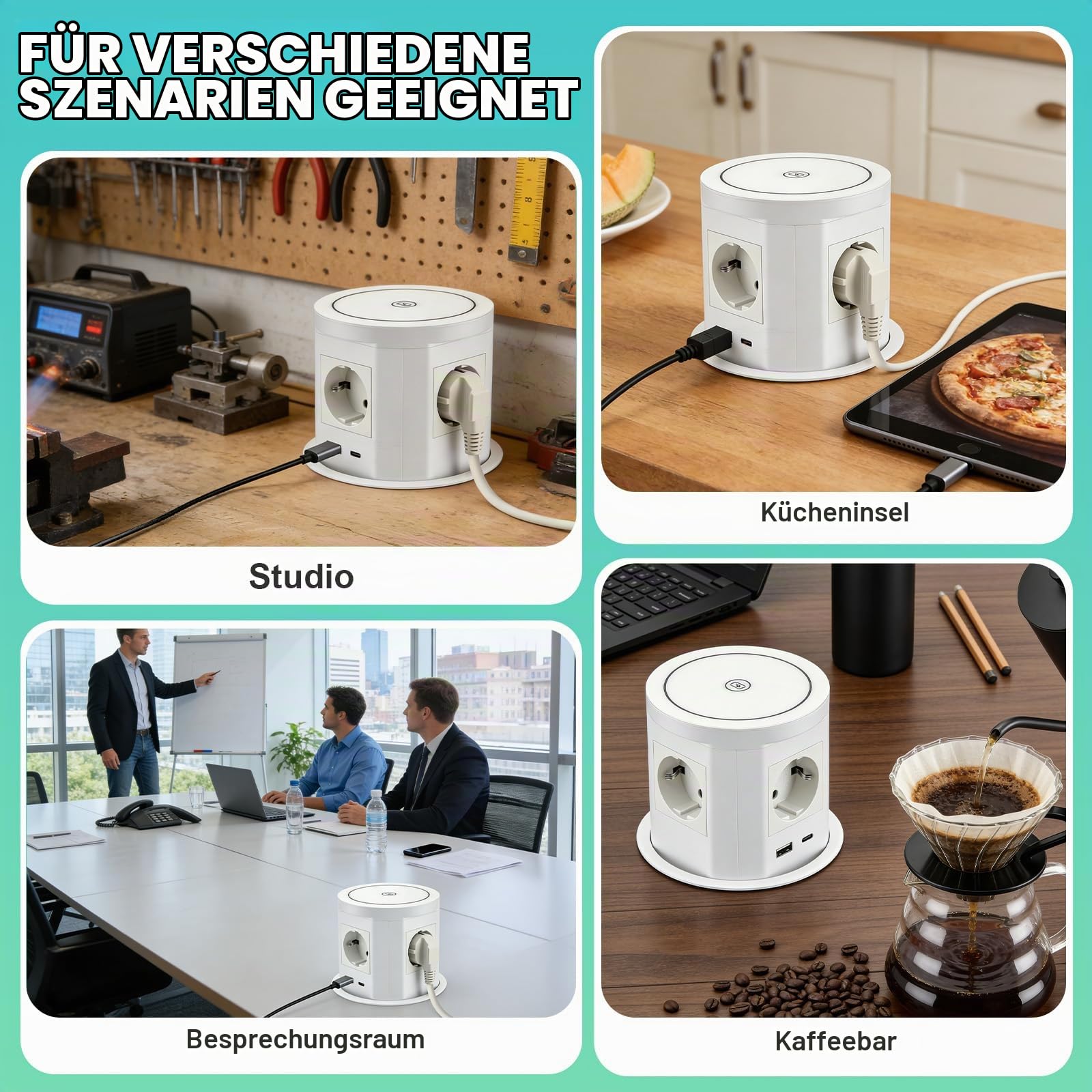Versenkbare Steckdose mit USB C PD 75W, 8-in-1 Einbausteckdose mit 15W Kabelloses Ladegerät, 4 Fach Versenkbare Tischsteckdose für Arbeitsplatte Küche, 1,5M Kabel, D 115MM