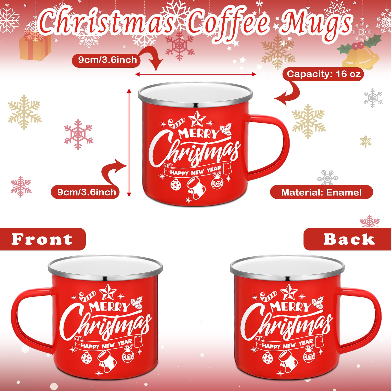 Lot de 12 tasses à café de Noël en émail avec citations « Merry Christmas » - 355 ml - Tasses à café amusantes pour femmes, collègues, enfants