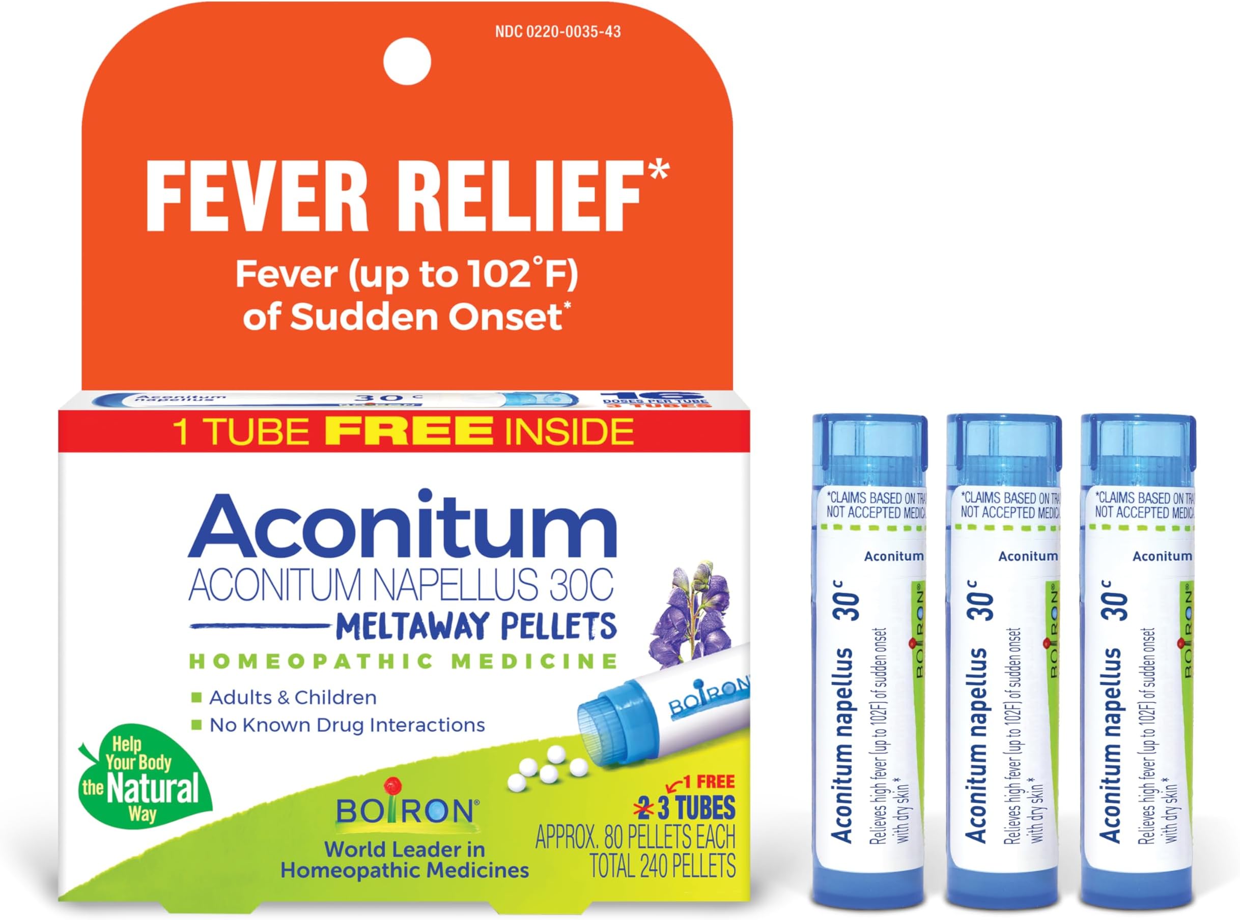 Boiron Aconitum Napellus 30C Homeopathic Medicine Relief from Fever, Hot and Dry Skin, Cough, and Restlessness - 3 Count (240 Pellets)