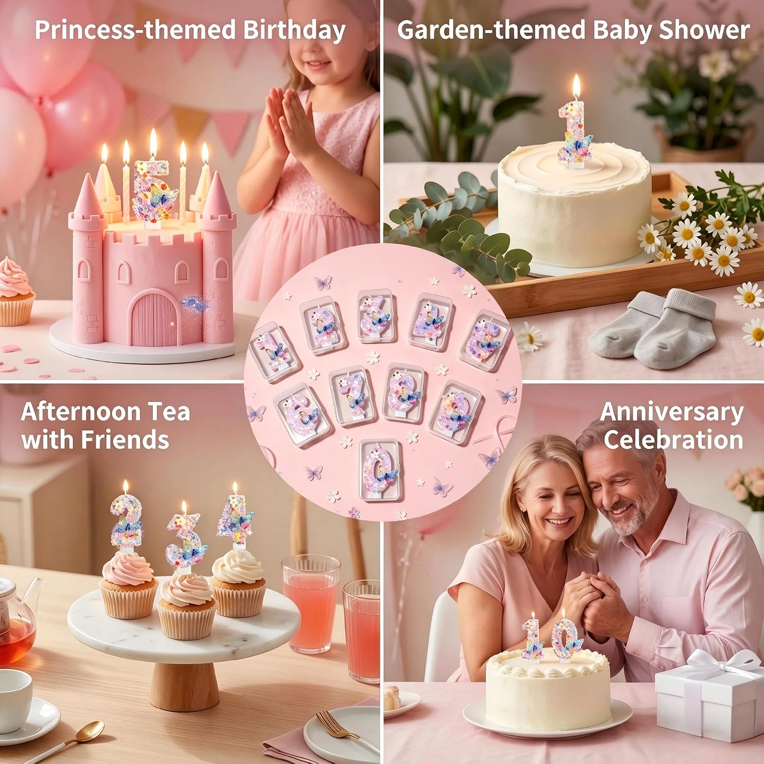 Glitter Number 5 Birthday Candle with Butterfly & Flower - Pink Sparkle Cake Candle for Women Girls - Fairy Fifth Birthday Decorations Princess Party Baby Shower