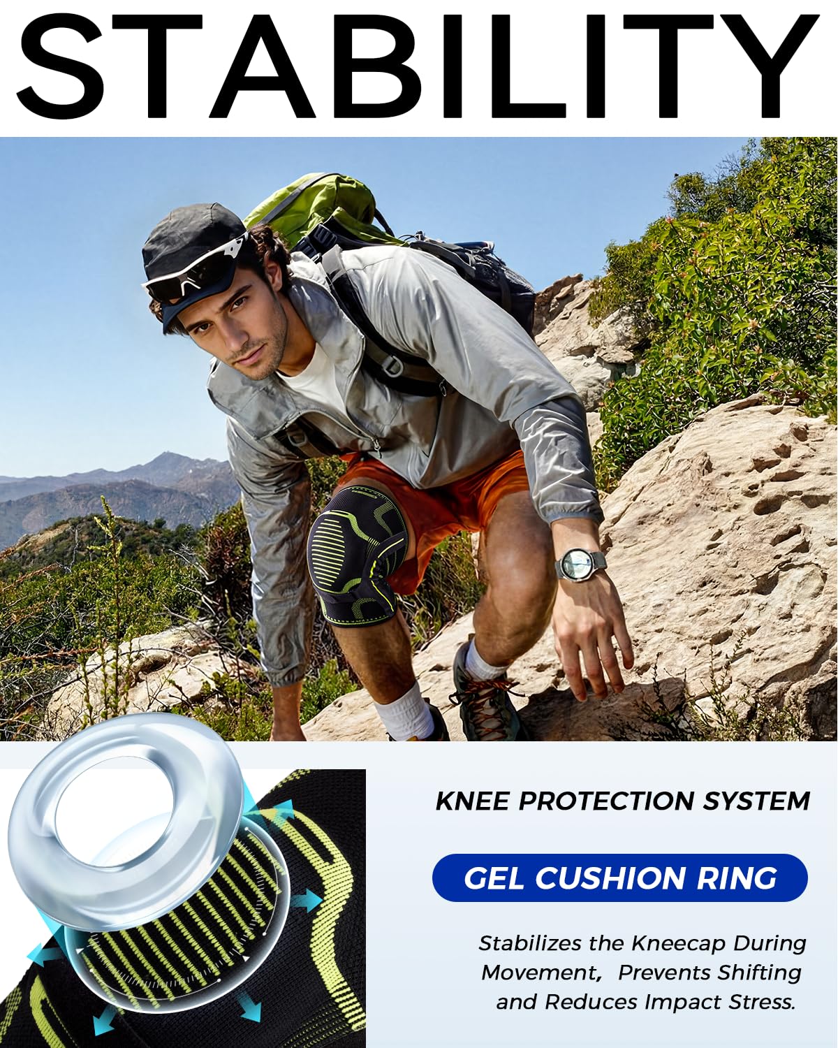 Kniebandage mit Seitenstabilisatoren, verbessertes Patellarband-Design, Knie-Kompressionsbandage mit Gel-Pad, Schmerzlinderung bei Arthritis, Meniskusriss, ACL, PCL, MCL, Läufer (Tiefschwarz