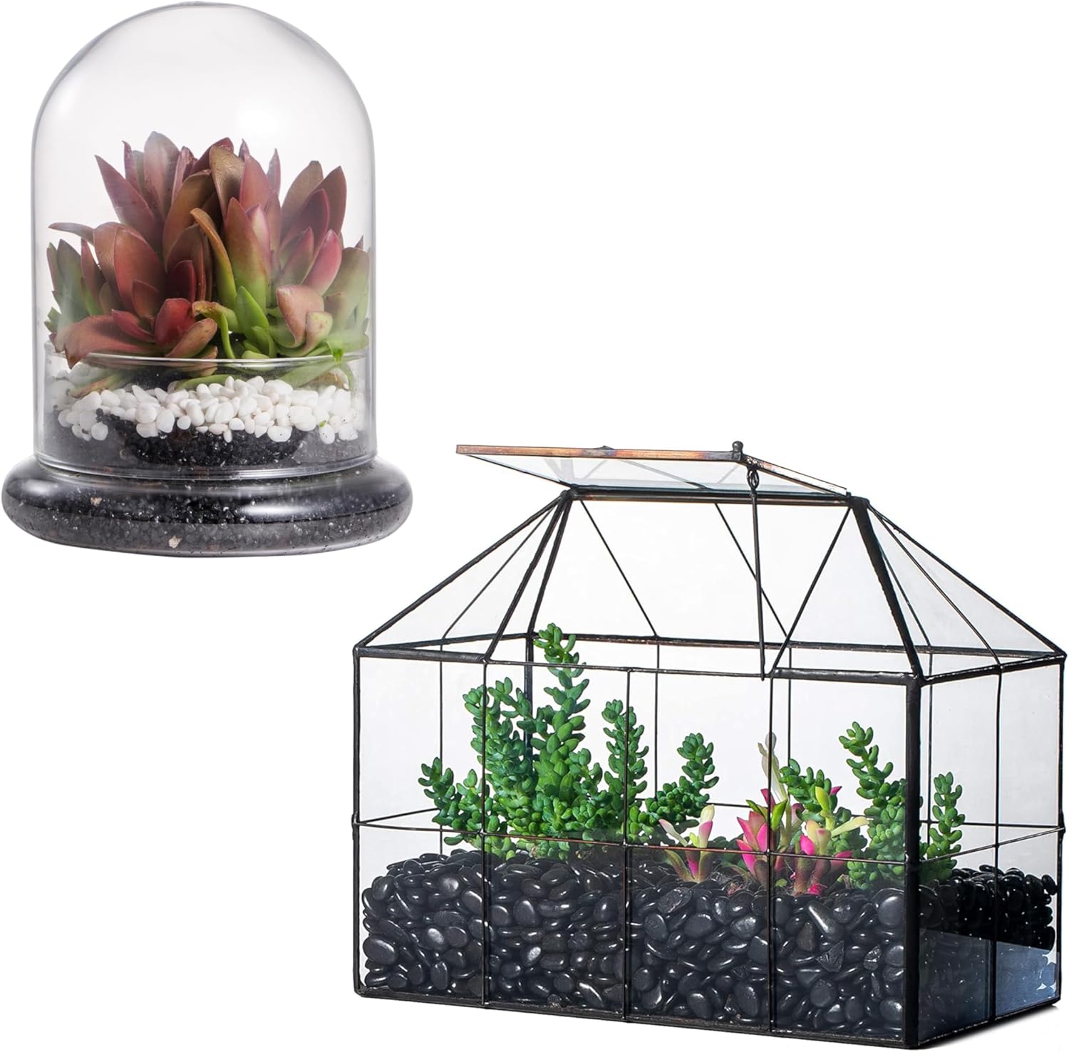 NCYP Glass Dome Cloche and Terrarium Bundle - Small Clear Decorative Glass Terrarium Cloche with Air Hole - 4.7 x 4.7 x 6.3 Inches Glass Dome with Base, and House Shaped Geometric Terrarium with Lid f