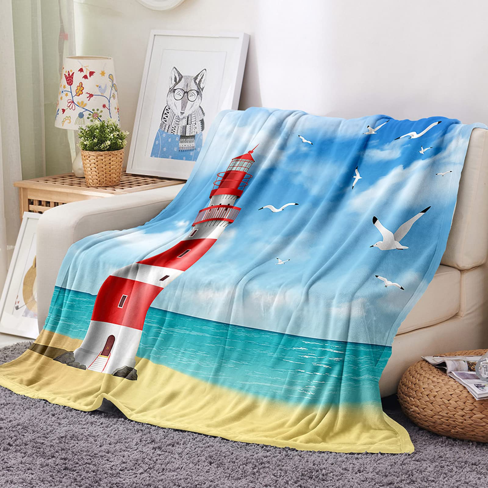 Buy WSSZLH Blanket Lighthouse & Seagull Faux Fur Throw Blanket