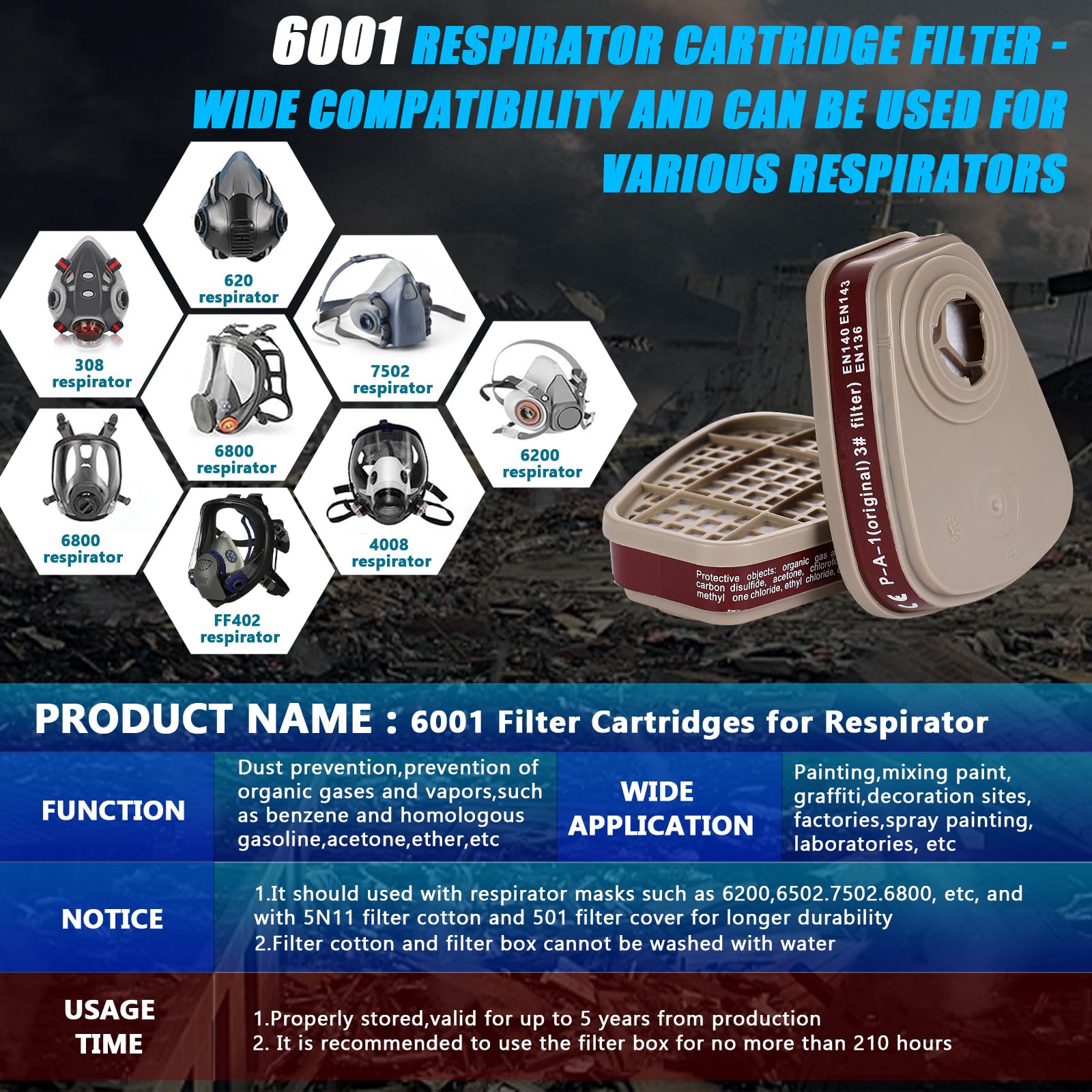 15-Pair 6001 Filter Cartridges For Respirator - Organic Vapor & Dust Protection, Fits 6200, 6800, 4008 Masks-536484