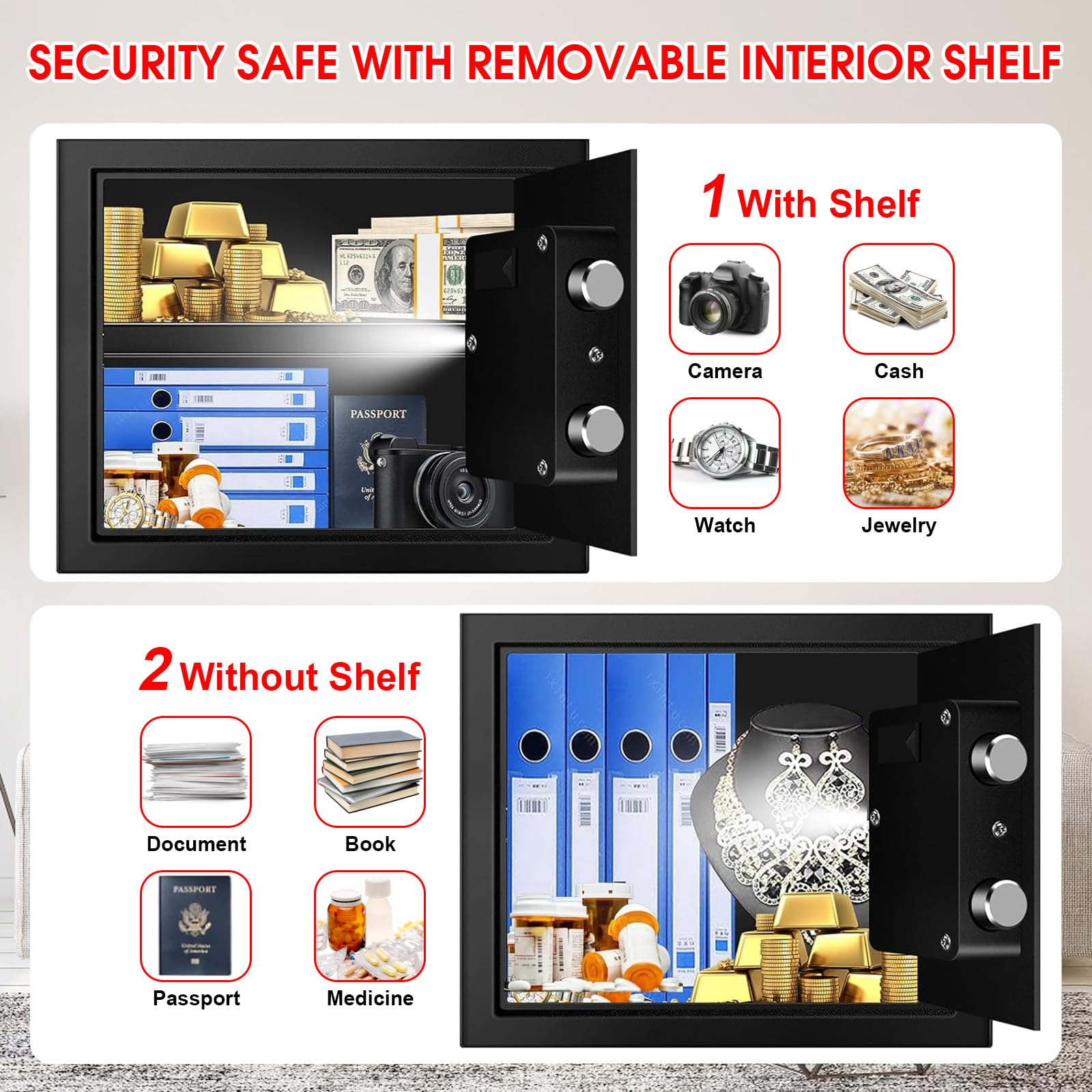 1.6 Cuft Home Safes Feuer- und Wasserdicht, Anti-Diebstahl Feuerfeste Safe Box mit Digitaler Tastatur, Ersatzschlüsseln und abnehmbarem Regal, Persönlicher Safe Box für Dokumente Geld Schusswaffe