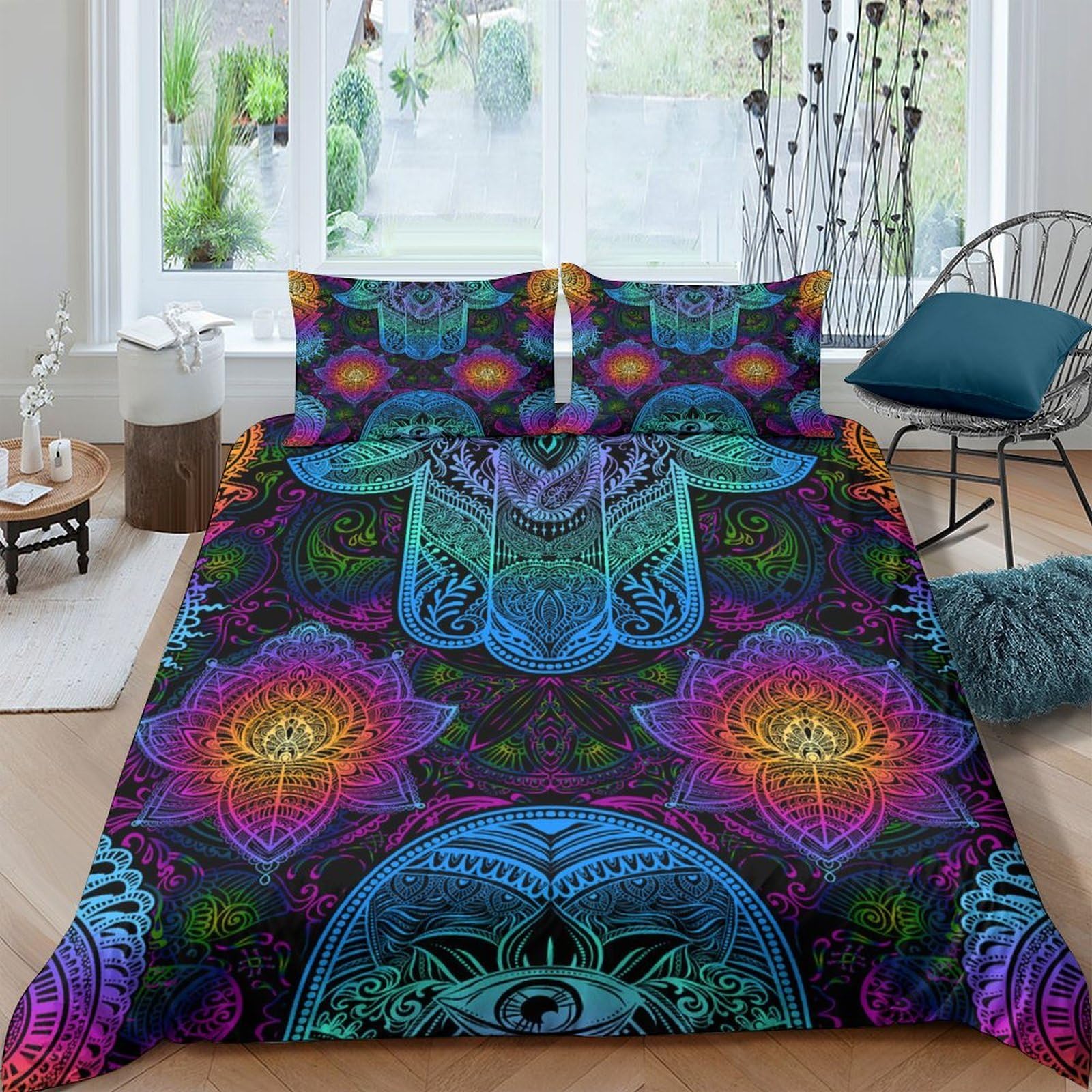 Ctjqhvkz Style-1 3D Printed Psychedelic Mandala Fitted Sheet Microfiber Soft Colorful Hamsa Bed Cover For Bedroom Dorm Mattress Decor Single（135X200cm）