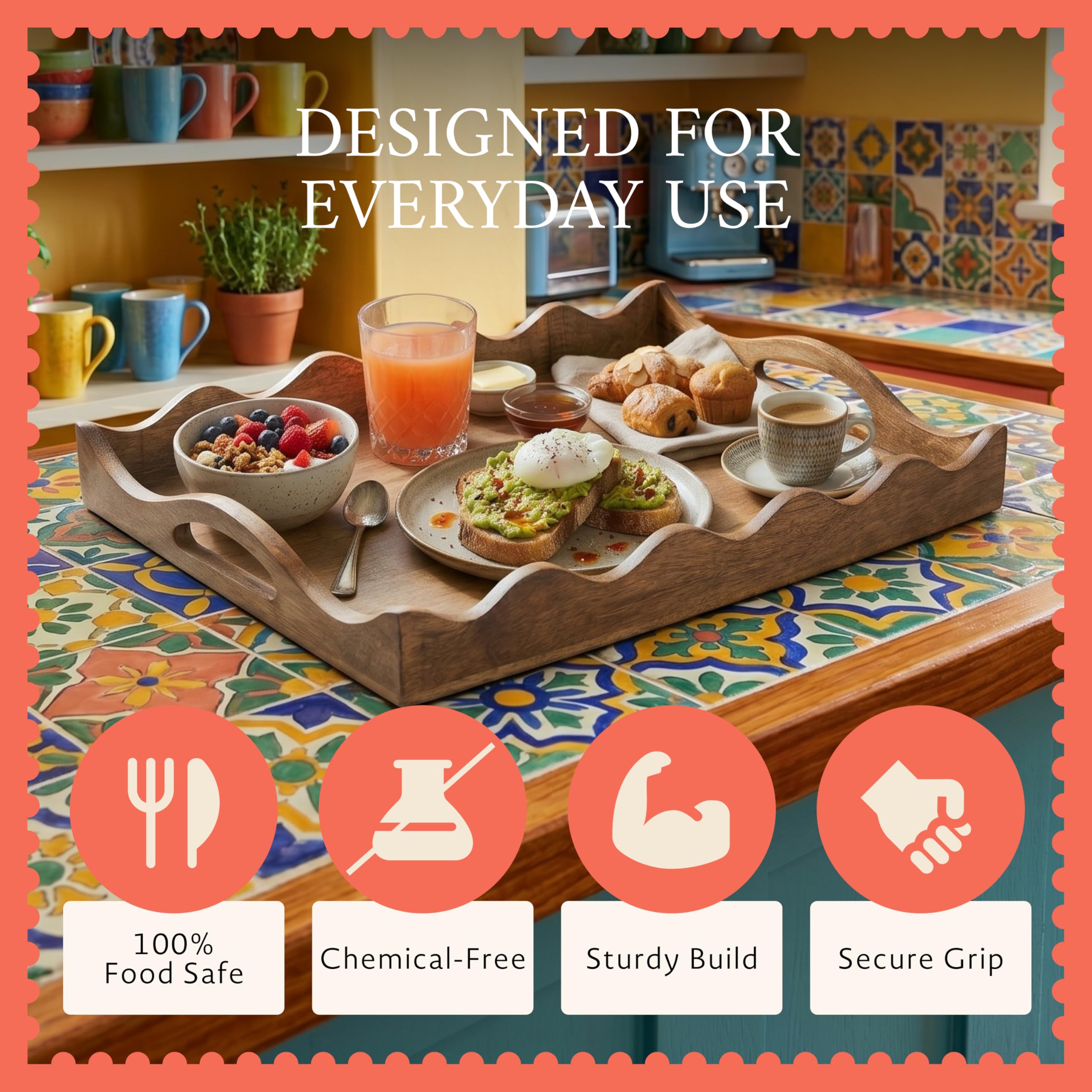 Mela Artisans Plateau de Service Ottoman en Bois | Taille M, festonné Blanc brûlé | Bois de manguier décoratif | pour Servir Le Petit déjeuner, d'autres Aliments, café et thé | Décoration d'intérieur