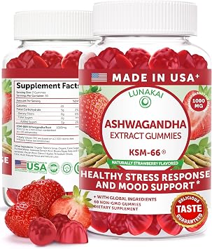 Lunakai USA Made KSM-66 Ashwagandha Gummies for Women & Men Daily Vegan Supplement for Stress, Mood & Sleep Support, 60ct
