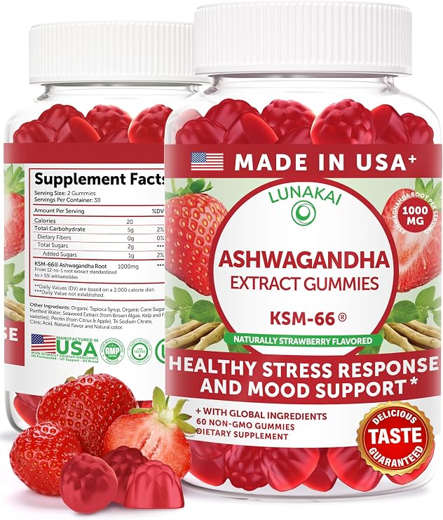 Lunakai USA Made KSM-66 Ashwagandha Gummies for Women & Men Daily Vegan Supplement for Stress, Mood & Sleep Support, 60ct